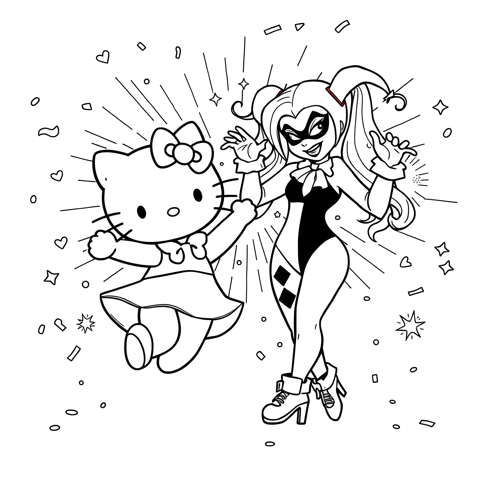 Hello Kitty and Playful Companion Explore the Whimsical Coloring Page (free black-and-white line drawing printable PDF for all, from beginners to advanced learners, including children, teens, adults, and seniors)