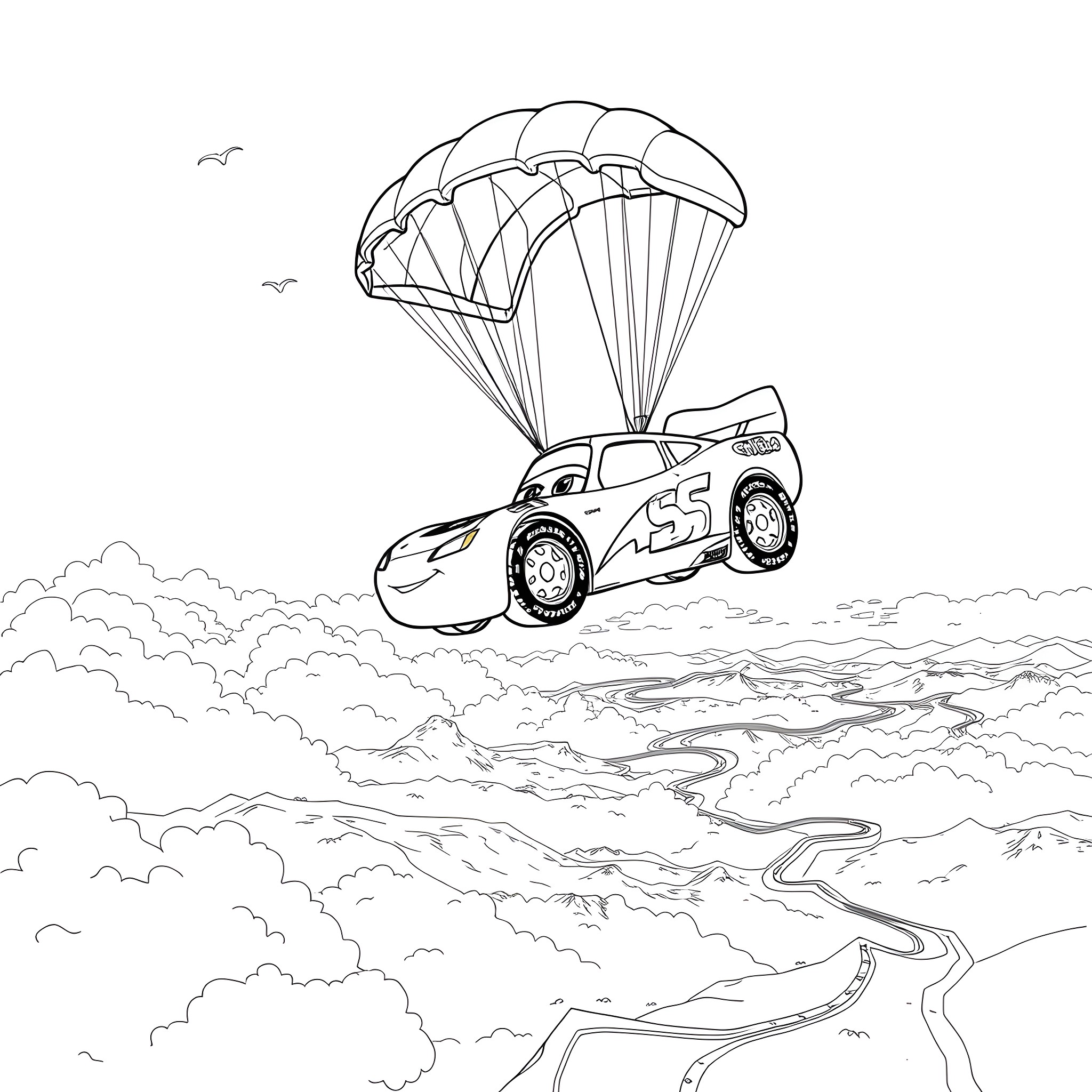 Lightning McQueen skydiving in the clouds Coloring Page (free black-and-white line drawing printable PDF for all, from beginners to advanced learners, including children, teens, adults, and seniors)