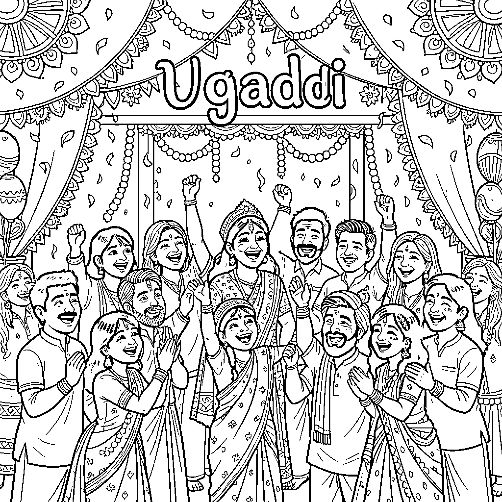 Ugaddi - Joyous celebrations with family and friends Coloring Page (free black-and-white line drawing printable PDF for all, from beginners to advanced learners, including children, teens, adults, and seniors)