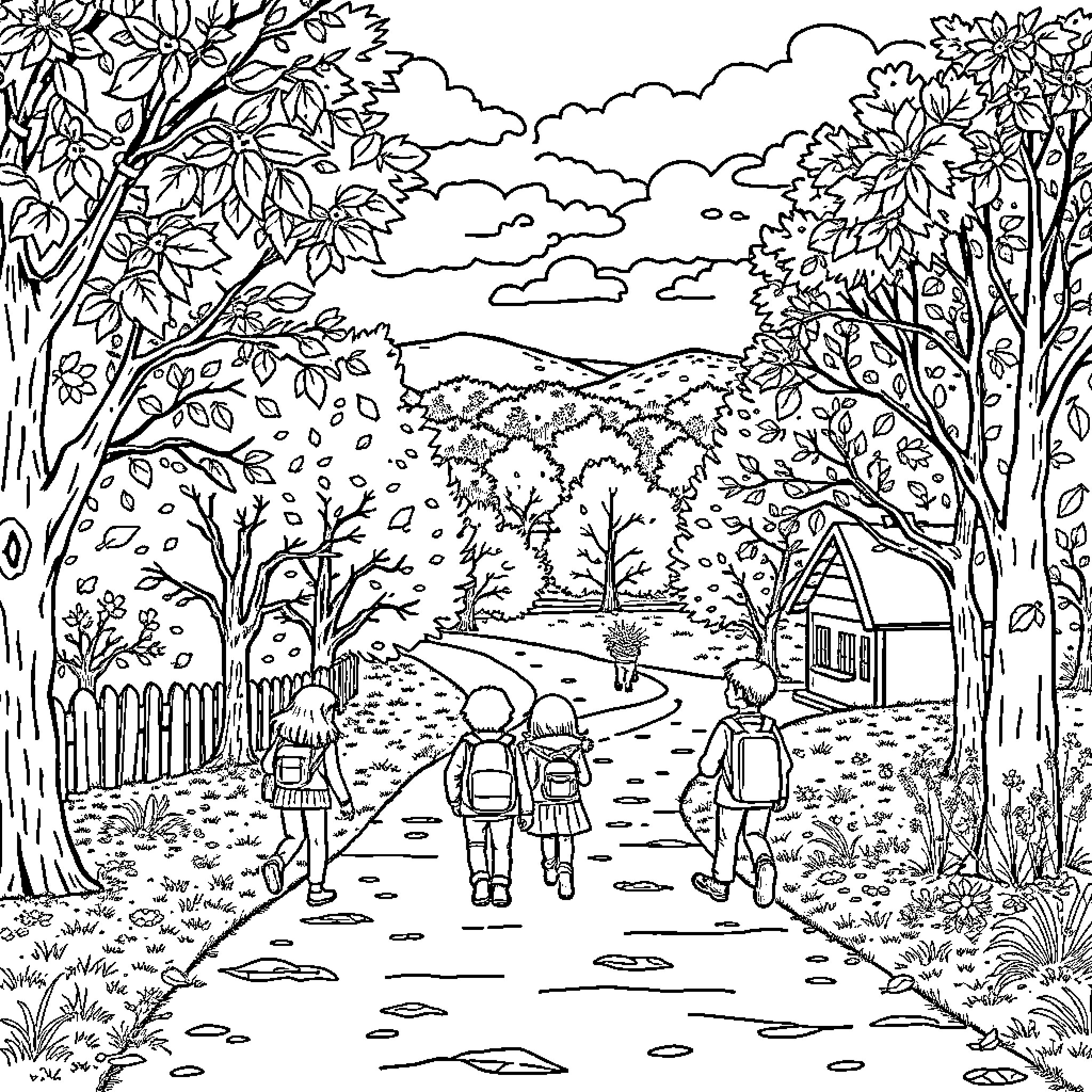 Child Exploring Scenic Outdoor Path with Friends Coloring Page (free black-and-white line drawing printable PDF for all, from beginners to advanced learners, including children, teens, adults, and seniors)