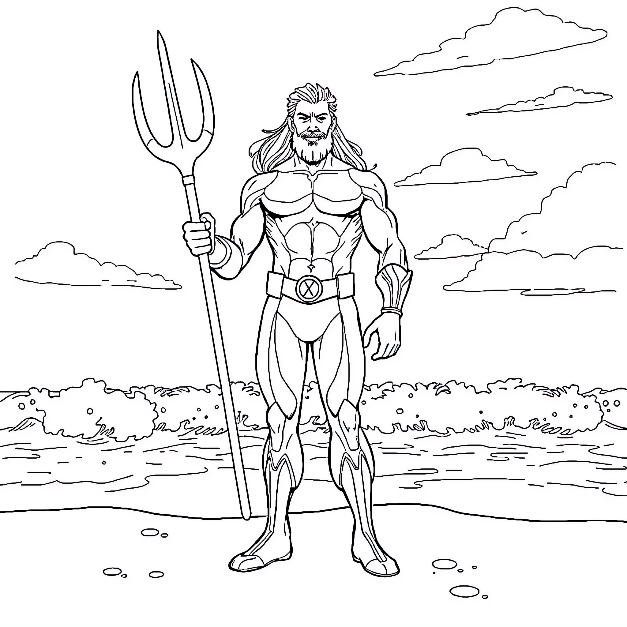 Aquaman stands tall with trident in hand Coloring Page (free black-and-white line drawing printable PDF for all, from beginners to advanced learners, including children, teens, adults, and seniors)