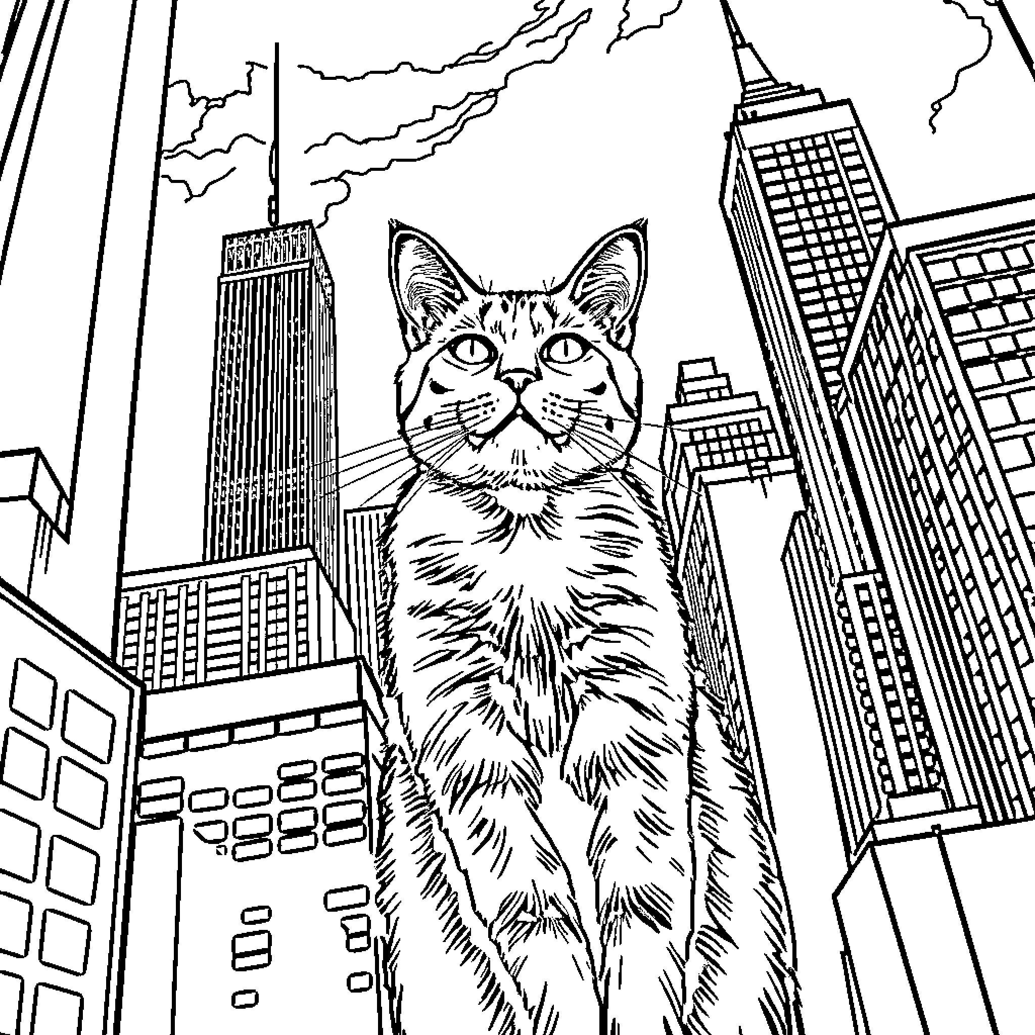 Gato exploring the bustling city skyline Coloring Page (free black-and-white line drawing printable PDF for all, from beginners to advanced learners, including children, teens, adults, and seniors)