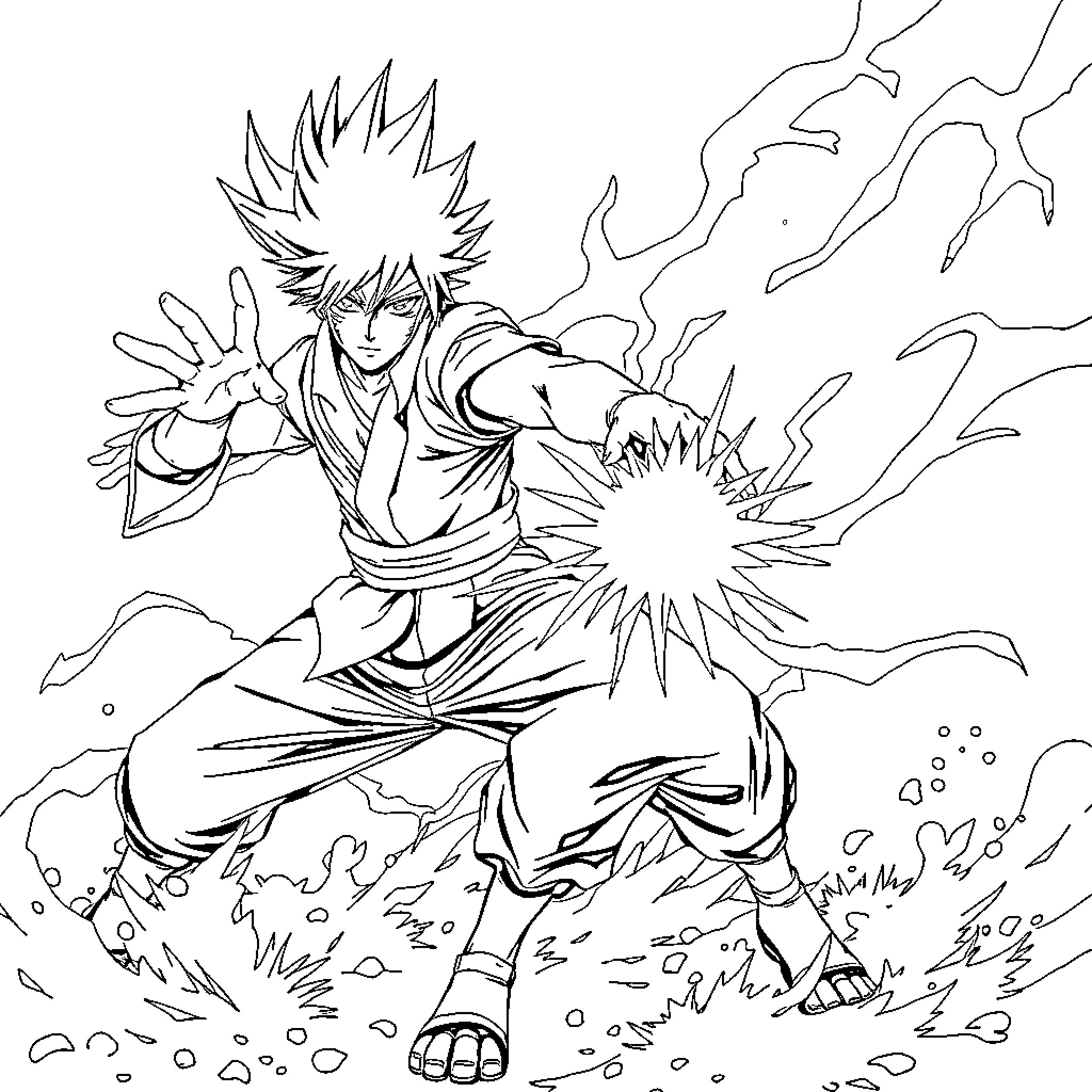 Sukuna unleashing powerful energy and fury Coloring Page (free black-and-white line drawing printable PDF for all, from beginners to advanced learners, including children, teens, adults, and seniors)