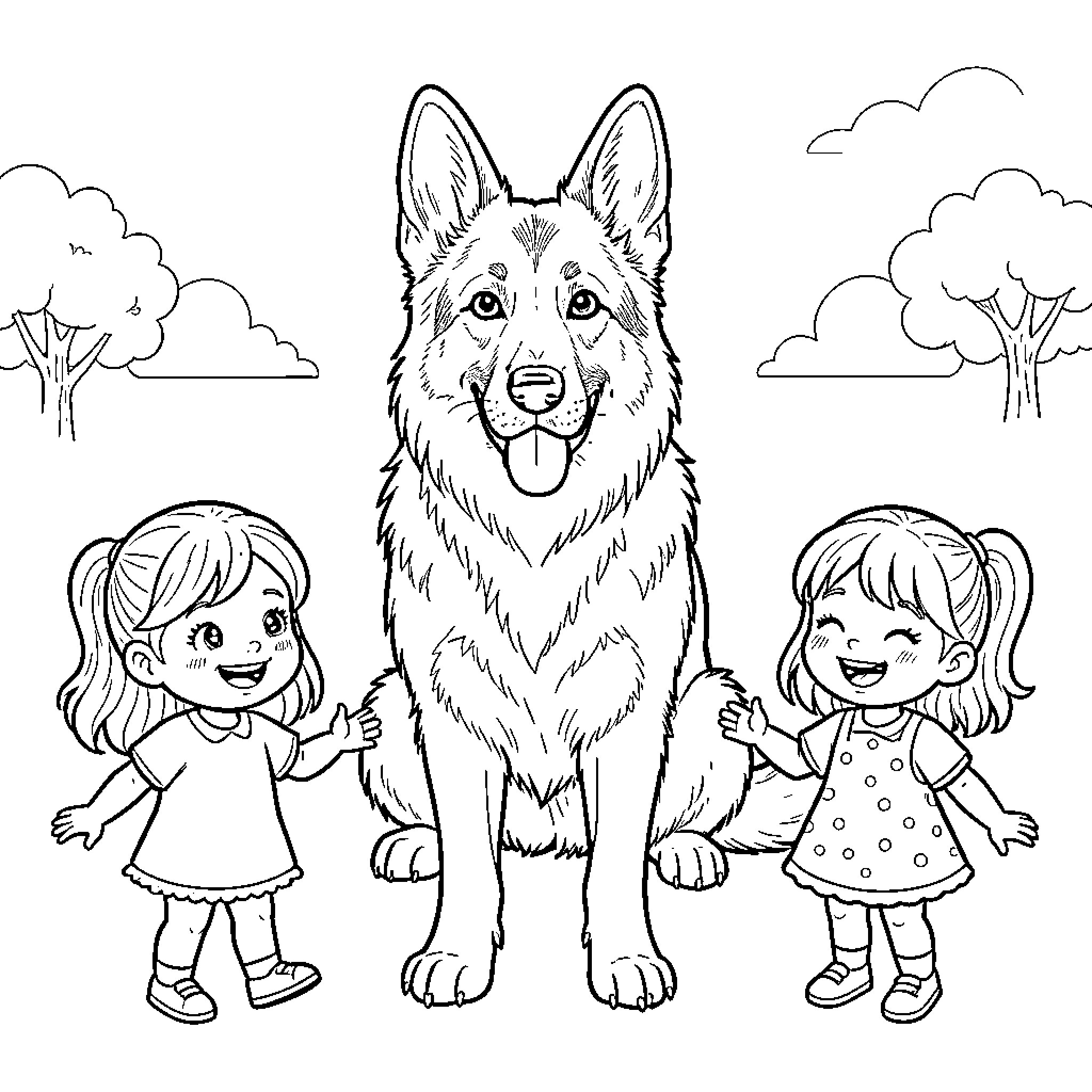 Dog protecting two happy children in the park Coloring Page (free black-and-white line drawing printable PDF for all, from beginners to advanced learners, including children, teens, adults, and seniors)