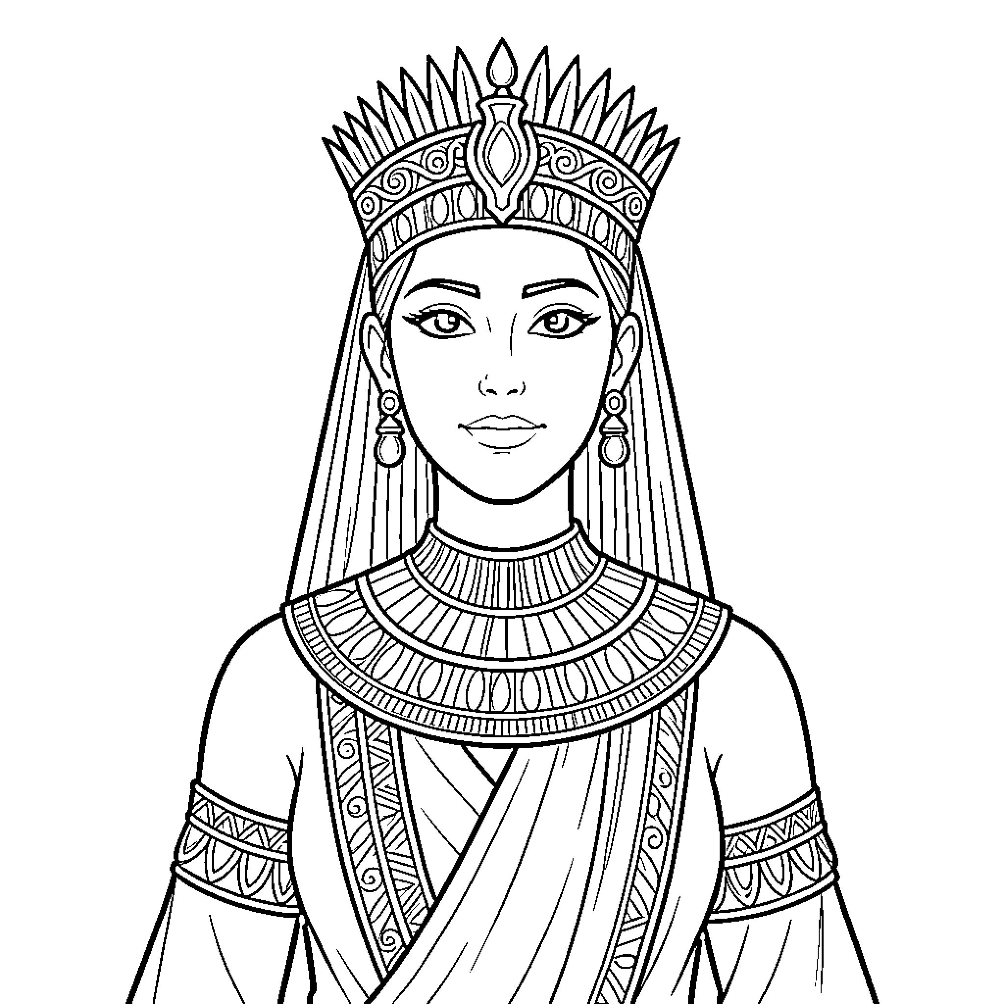 Egyptian Princess in Ornate Headdress and Garments Coloring Page (free black-and-white line drawing printable PDF for all, from beginners to advanced learners, including children, teens, adults, and seniors)