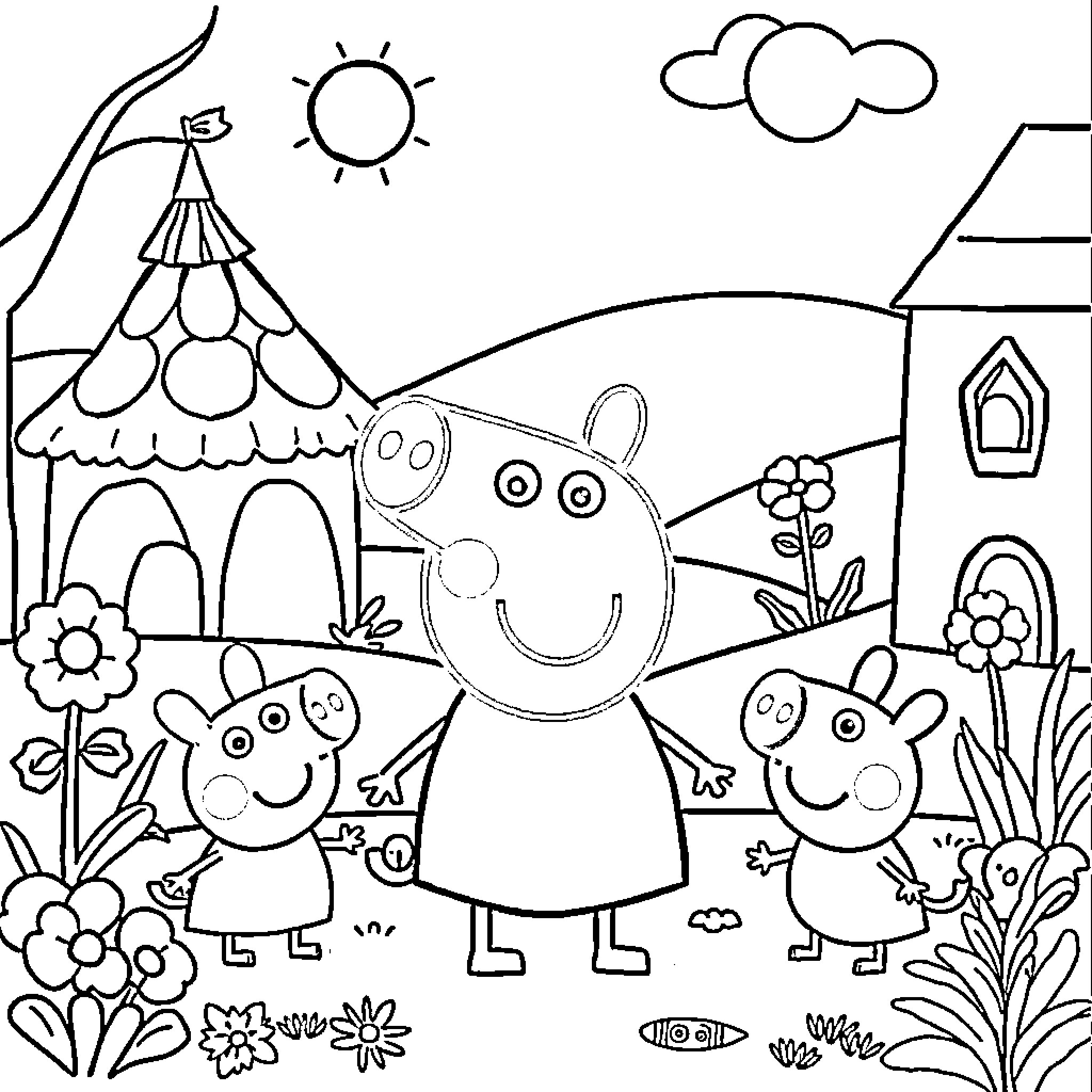 Peppa Pig and family enjoying outdoor play Coloring Page (free black-and-white line drawing printable PDF for all, from beginners to advanced learners, including children, teens, adults, and seniors)