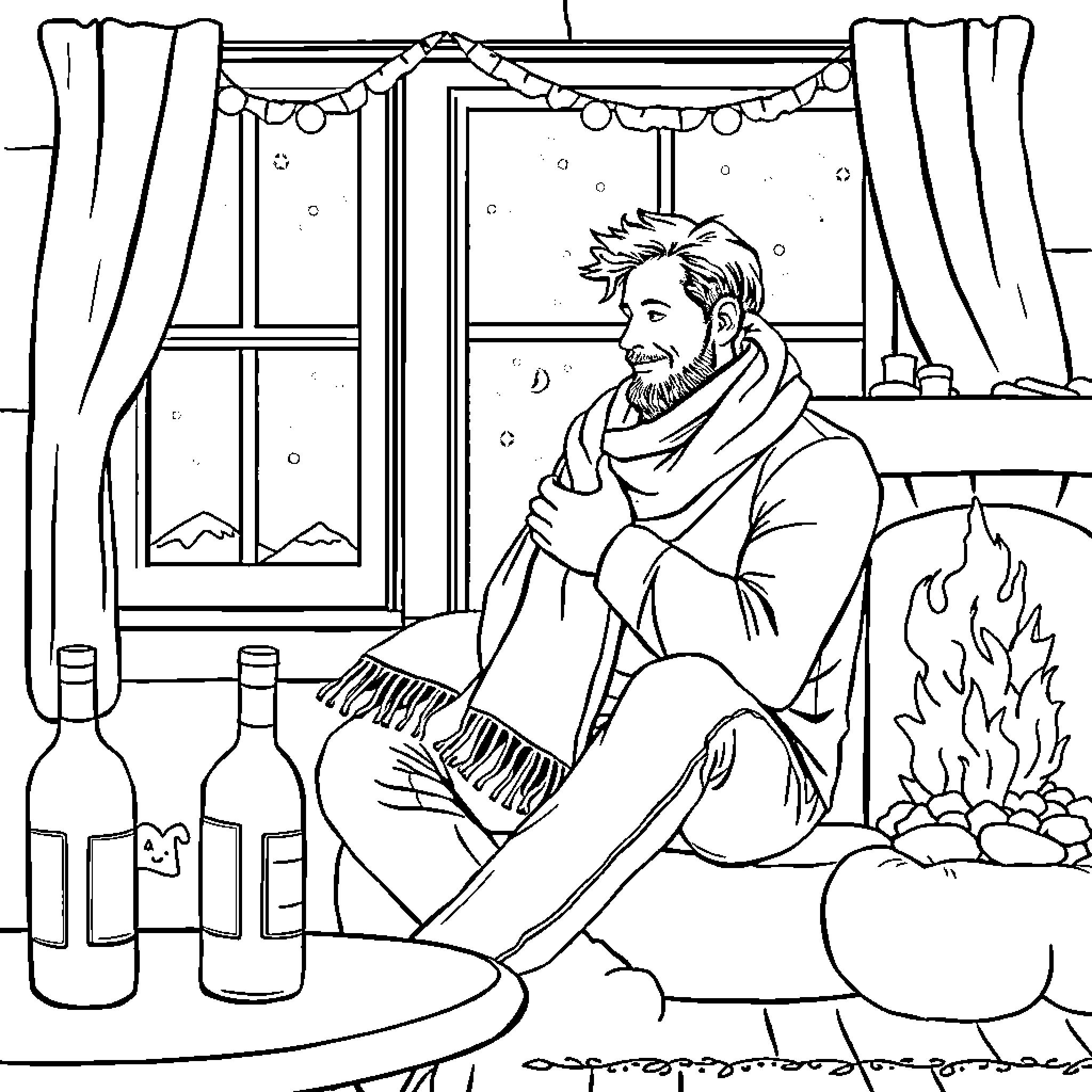 Man relaxing by the fireplace on a snowy night Coloring Page (free black-and-white line drawing printable PDF for all, from beginners to advanced learners, including children, teens, adults, and seniors)