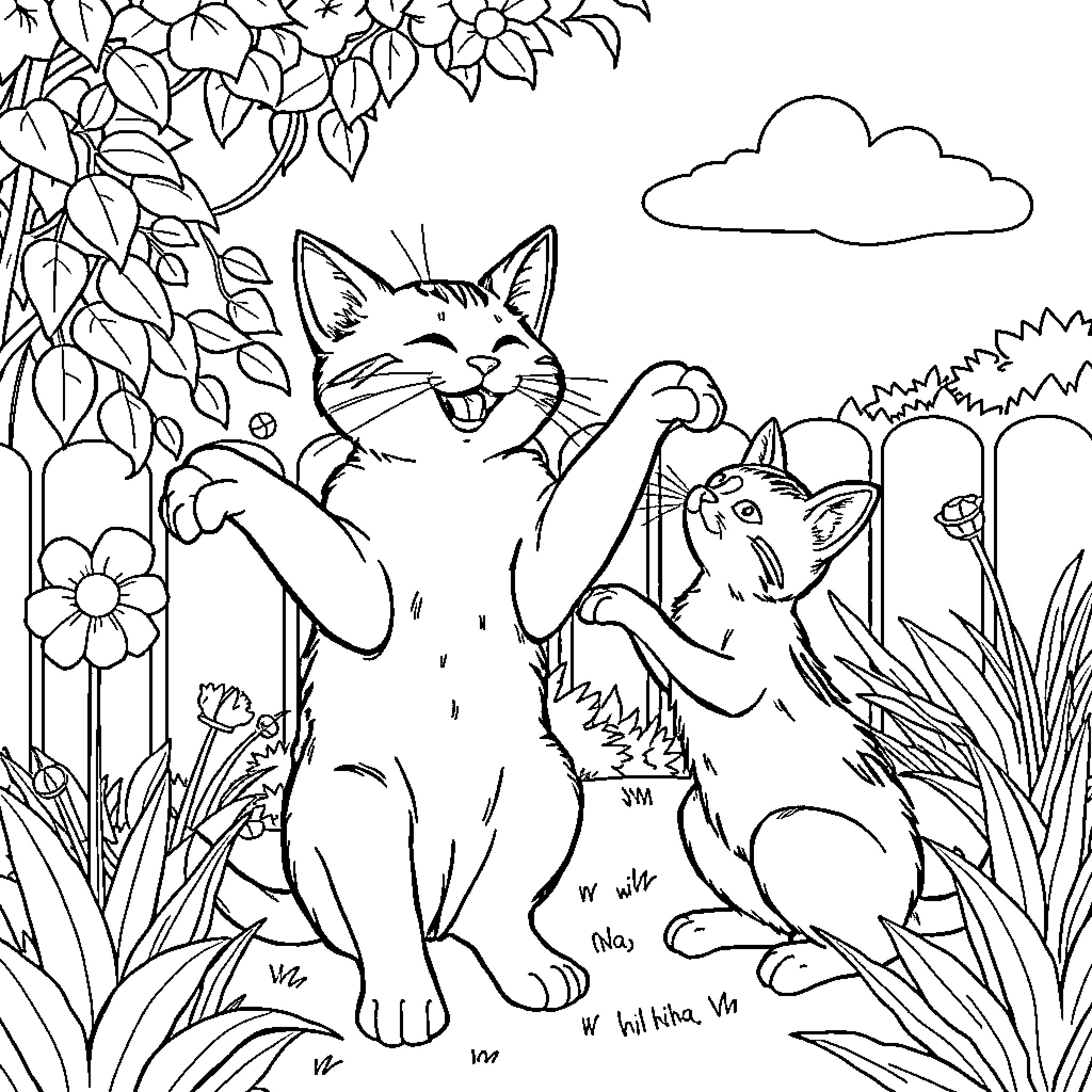 Cat friends playing in the garden Coloring Page (free black-and-white line drawing printable PDF for all, from beginners to advanced learners, including children, teens, adults, and seniors)