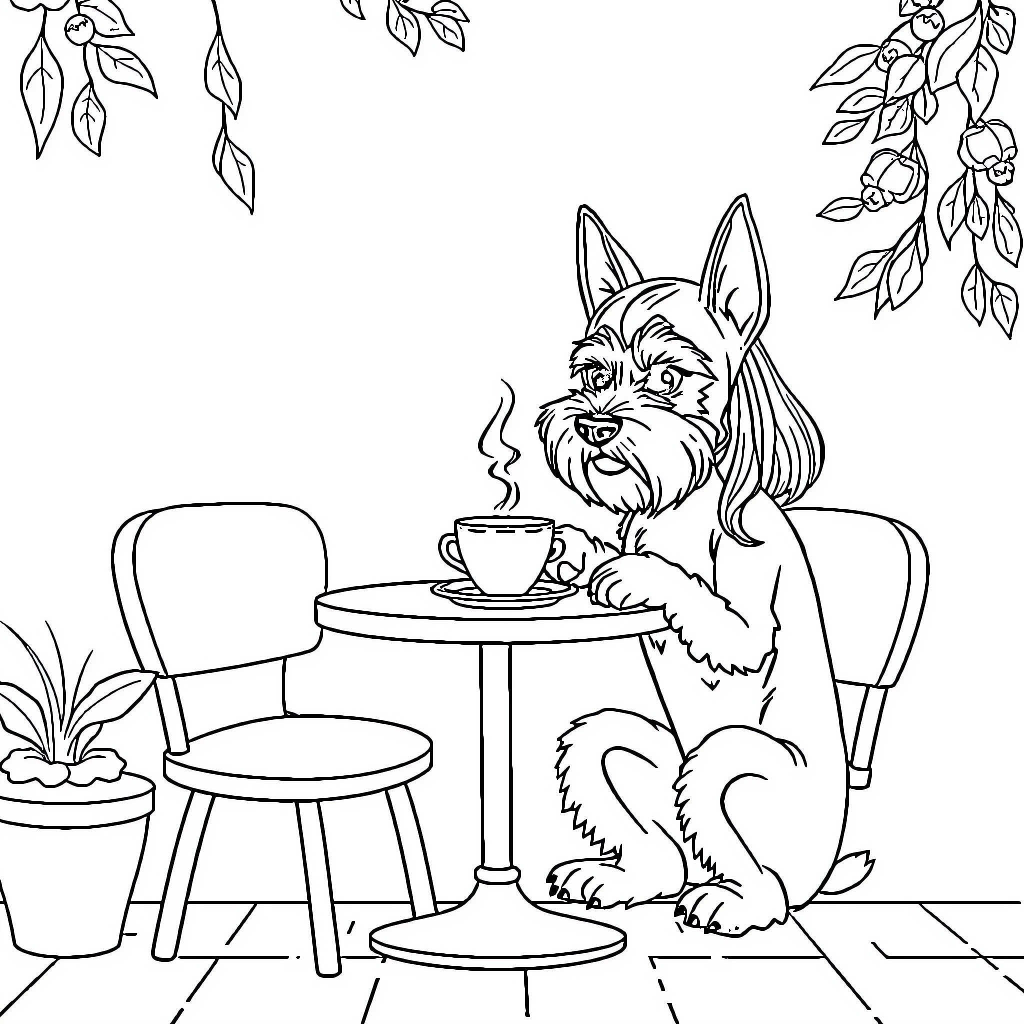 Schnauzer enjoying a cozy cafe scene Coloring Page (free black-and-white line drawing printable PDF for all, from beginners to advanced learners, including children, teens, adults, and seniors)