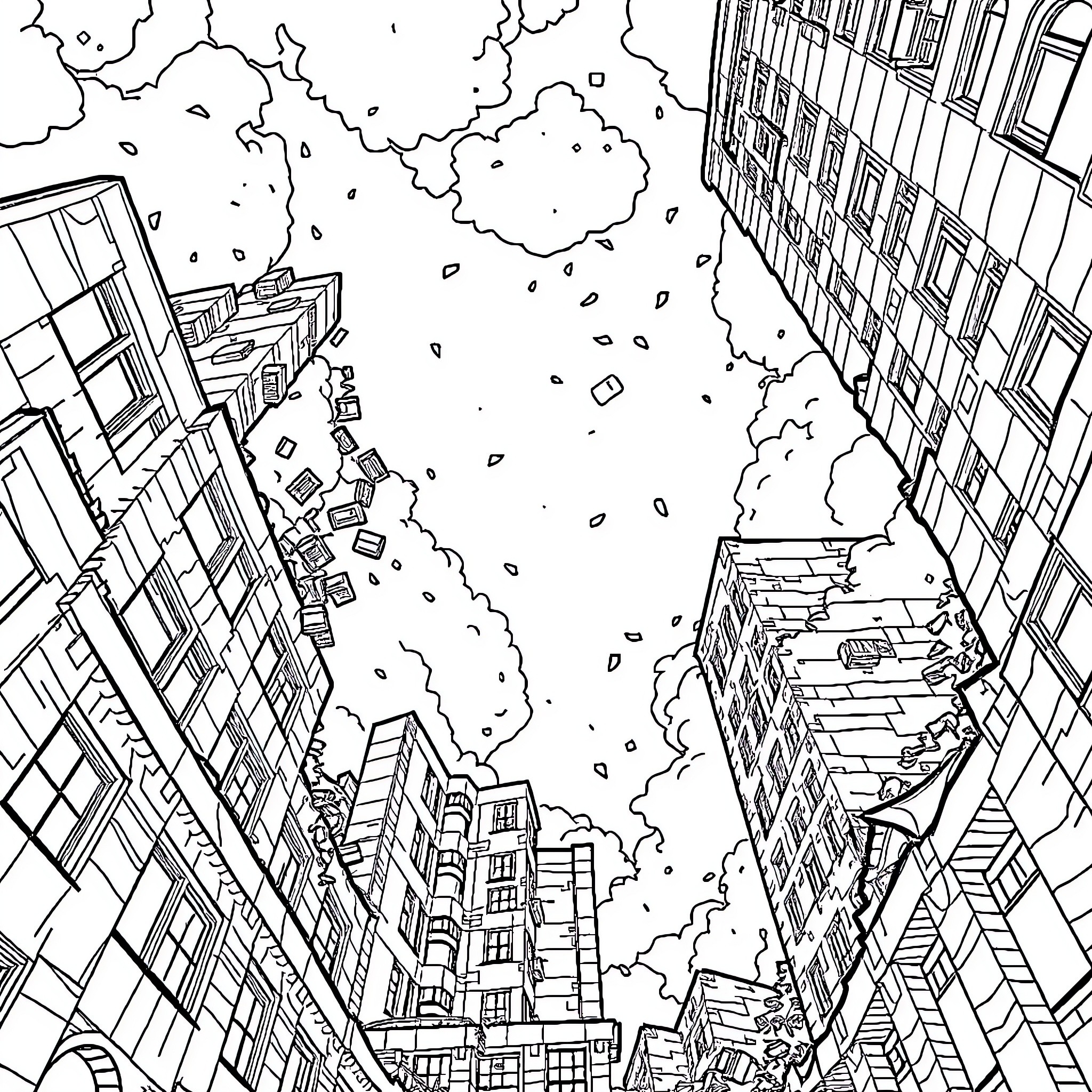 Sky filled with debris and damaged buildings Coloring Page (free black-and-white line drawing printable PDF for all, from beginners to advanced learners, including children, teens, adults, and seniors)