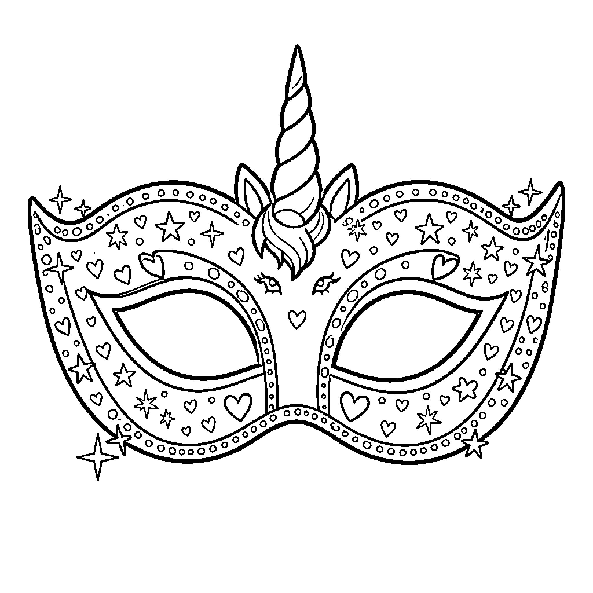 Carnival Mask with Whimsical Designs and Patterns Coloring Page (free black-and-white line drawing printable PDF for all, from beginners to advanced learners, including children, teens, adults, and seniors)