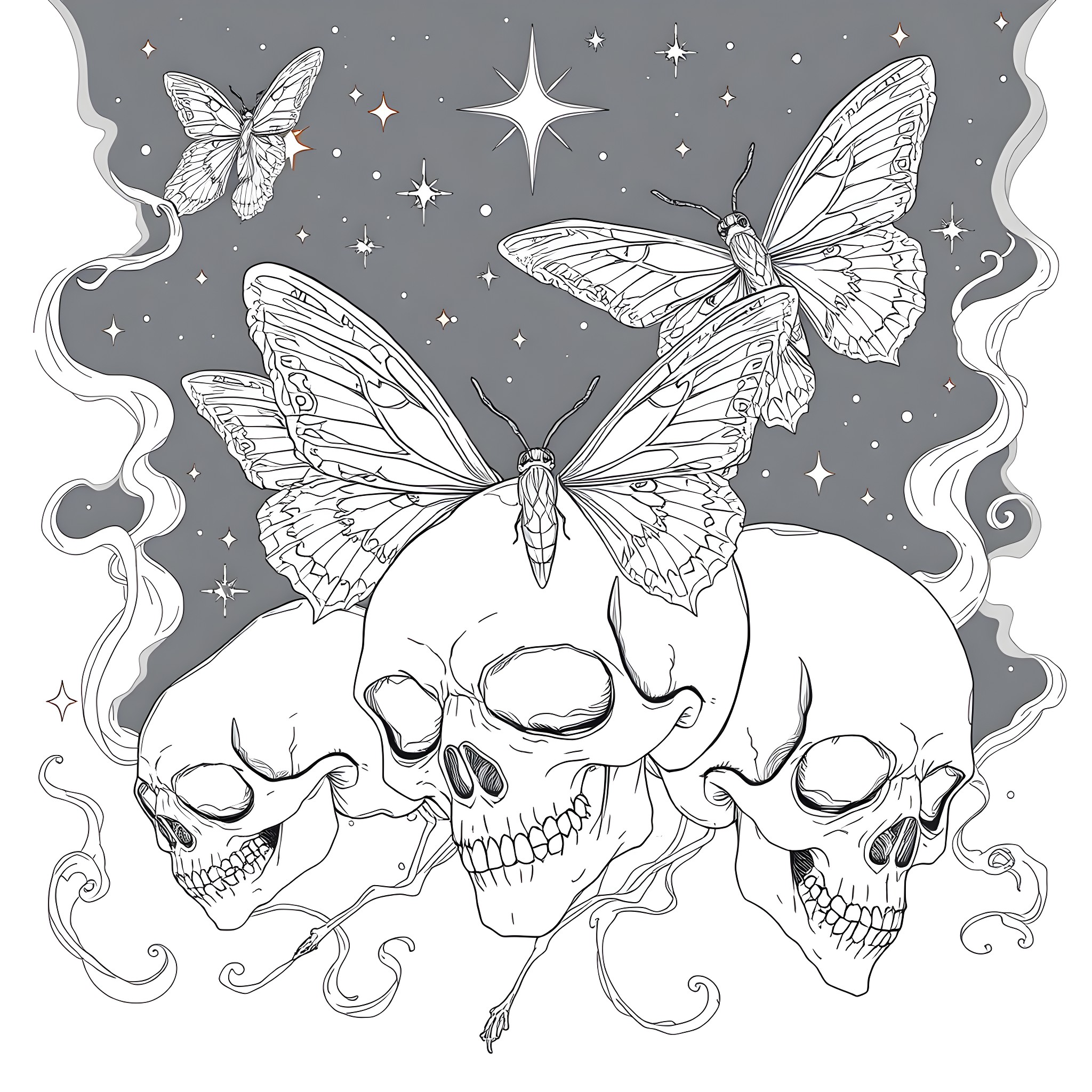 Moth-like Butterflies Hovering over Skulls in the Night Sky Coloring Page (free black-and-white line drawing printable PDF for all, from beginners to advanced learners, including children, teens, adults, and seniors)