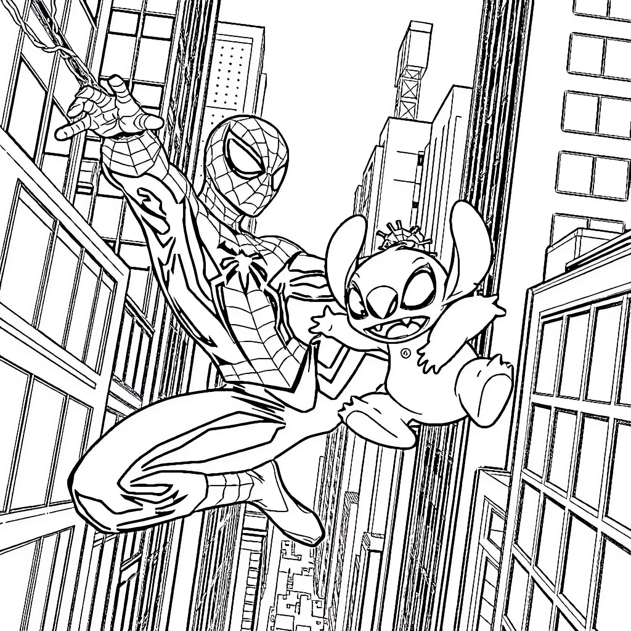 Spider-Man and Stitch Swinging Through the City Coloring Page (free black-and-white line drawing printable PDF for all, from beginners to advanced learners, including children, teens, adults, and seniors)