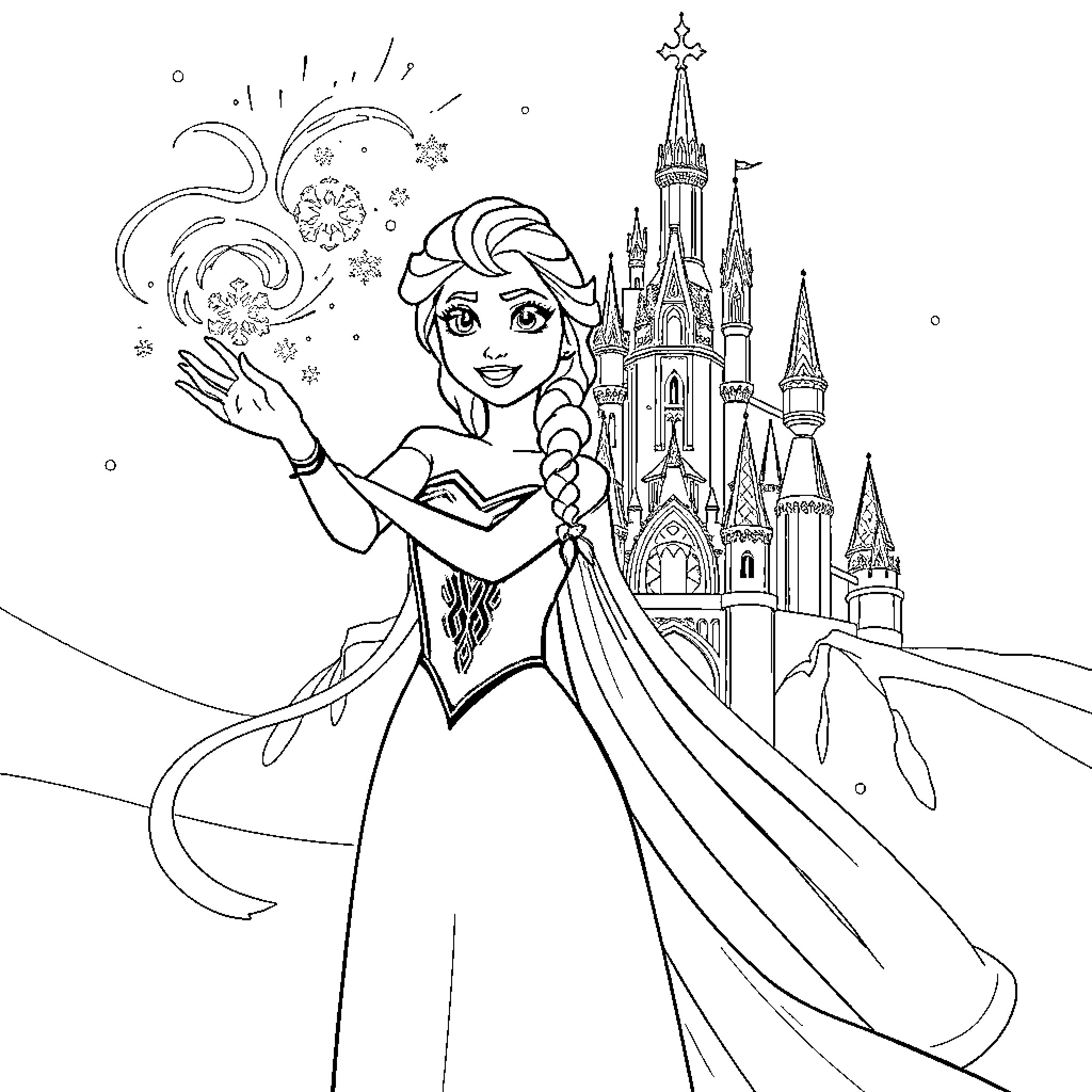 Elsa creating magical winter wonderland at castle Coloring Page (free black-and-white line drawing printable PDF for all, from beginners to advanced learners, including children, teens, adults, and seniors)