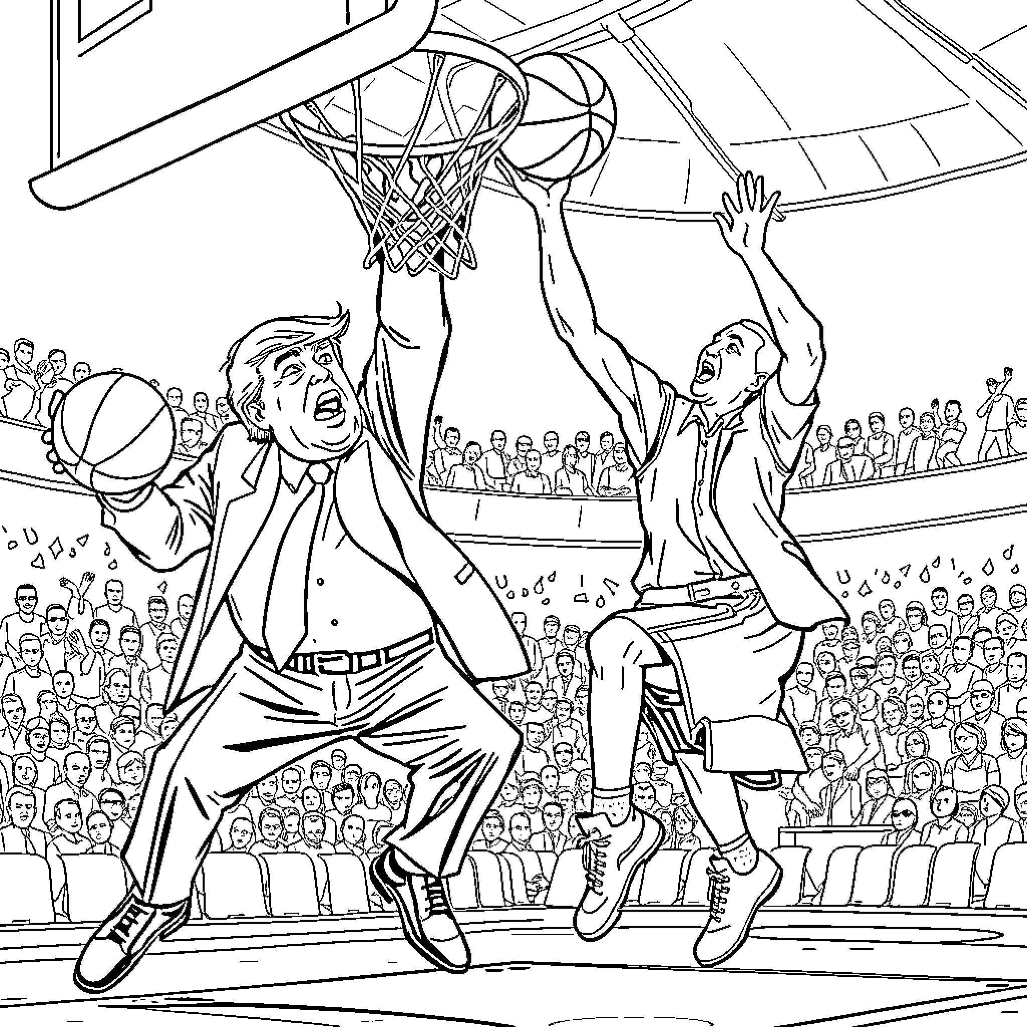 Donald Trump playing basketball with opponent Coloring Page (free black-and-white line drawing printable PDF for all, from beginners to advanced learners, including children, teens, adults, and seniors)