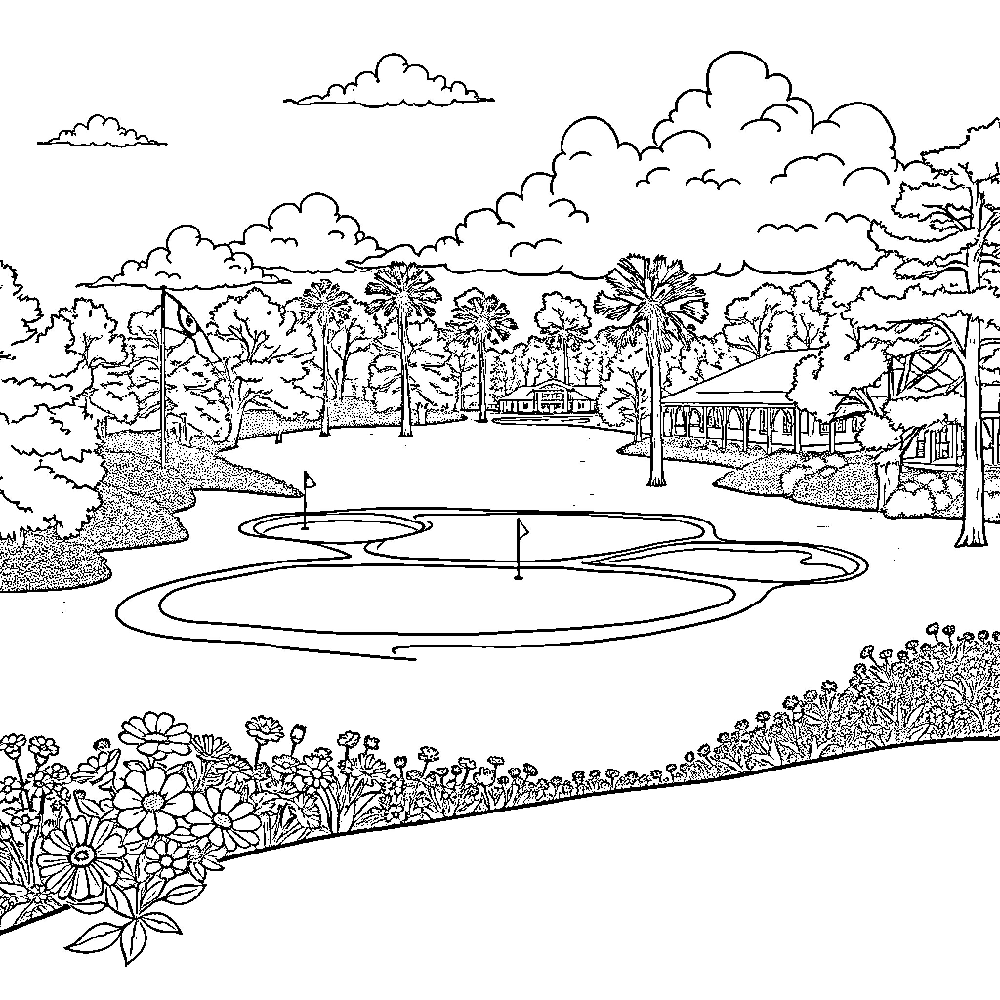 Golf Course Landscaping with Scenic Surroundings Coloring Page (free black-and-white line drawing printable PDF for all, from beginners to advanced learners, including children, teens, adults, and seniors)