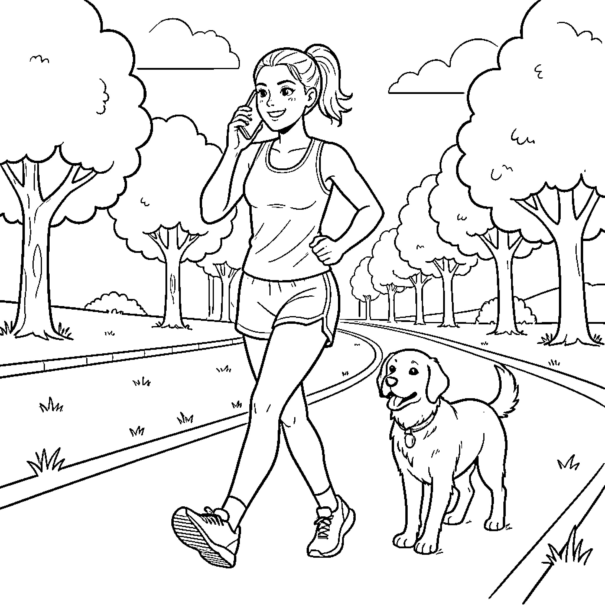 Runner walking with a dog in the park Coloring Page (free black-and-white line drawing printable PDF for all, from beginners to advanced learners, including children, teens, adults, and seniors)