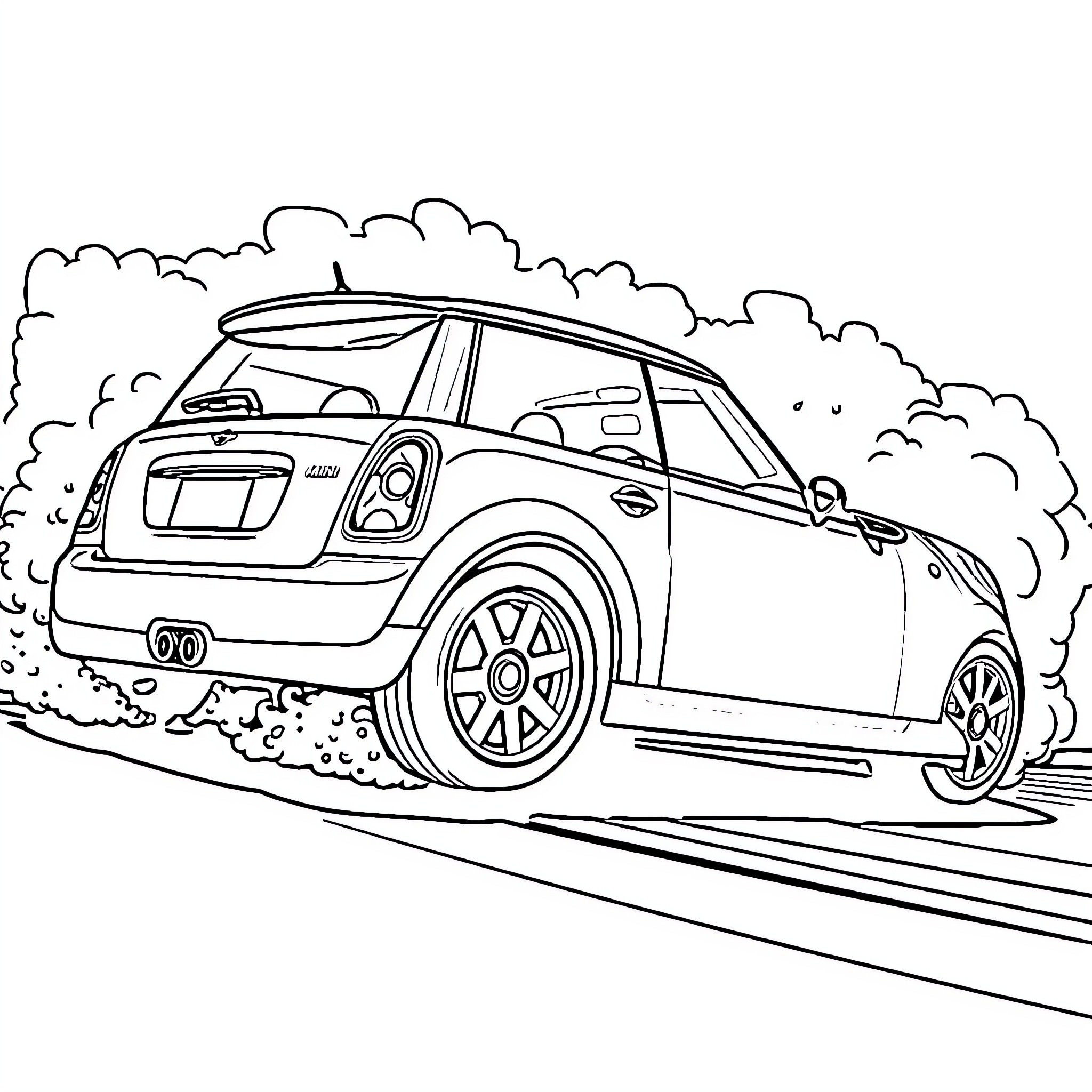 Mini Cooper zooming on the road Coloring Page (free black-and-white line drawing printable PDF for all, from beginners to advanced learners, including children, teens, adults, and seniors)