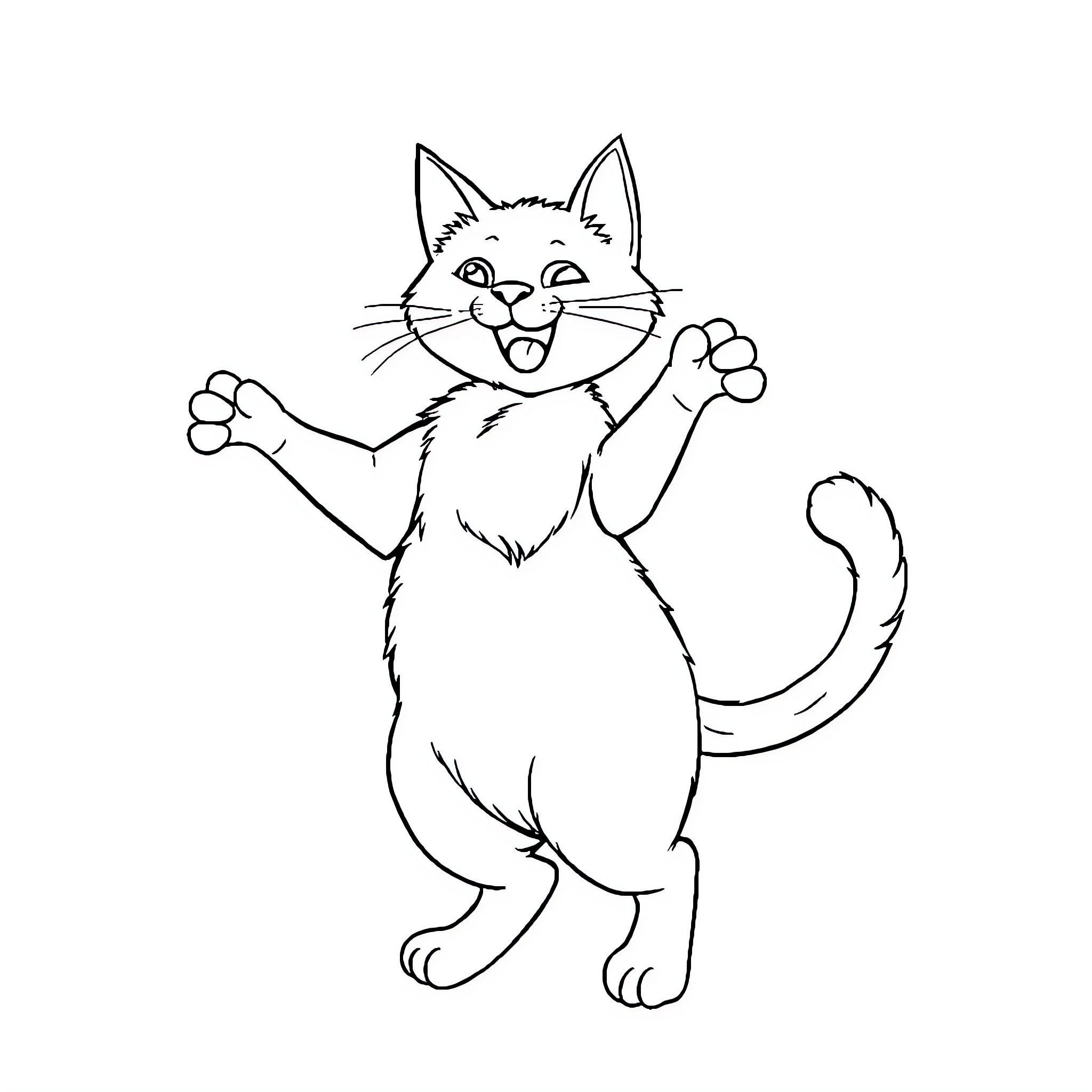 Cat excitedly playing and posing Coloring Page (free black-and-white line drawing printable PDF for all, from beginners to advanced learners, including children, teens, adults, and seniors)