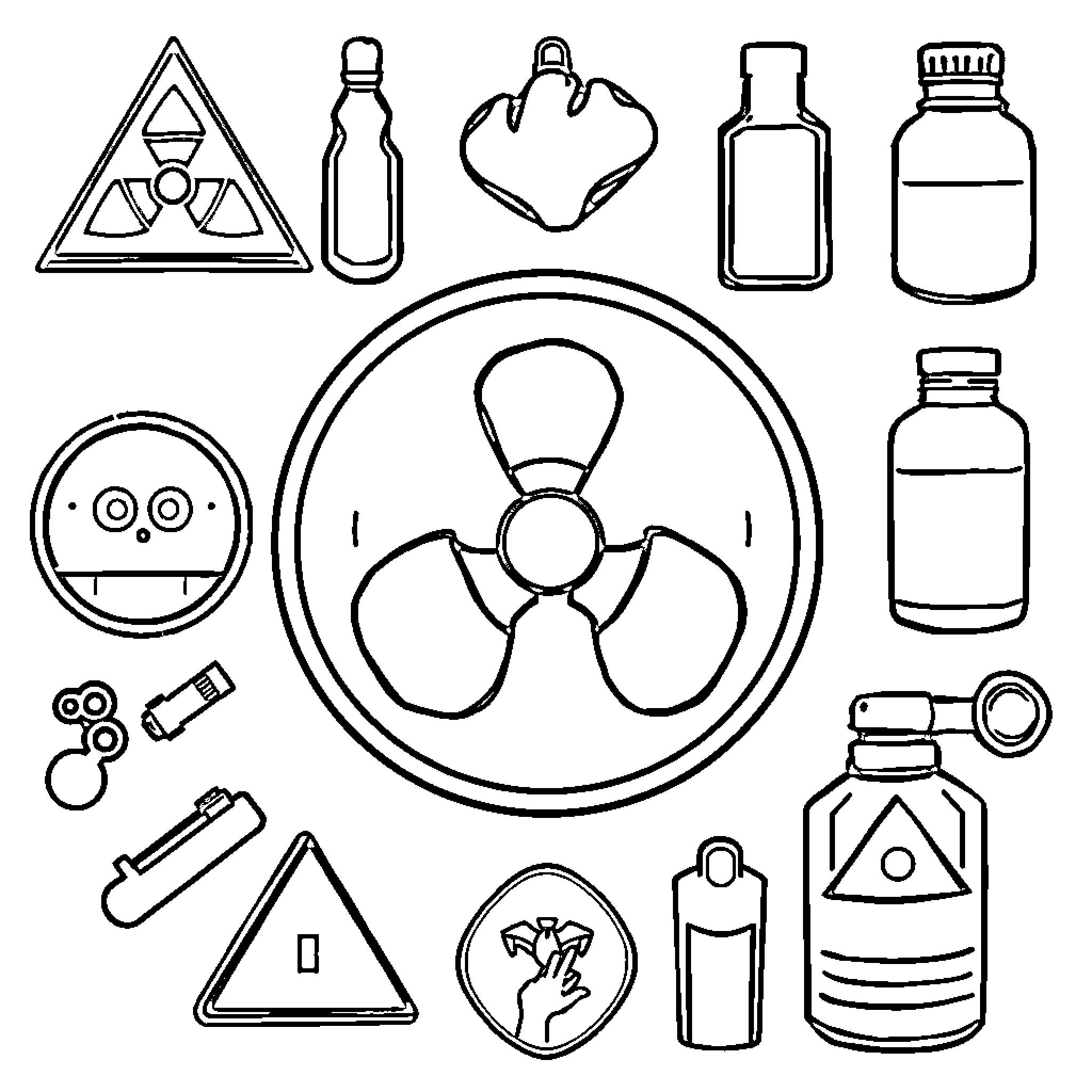Toxic Symbol Depicting Hazardous Items and Symbols Coloring Page (free black-and-white line drawing printable PDF for all, from beginners to advanced learners, including children, teens, adults, and seniors)