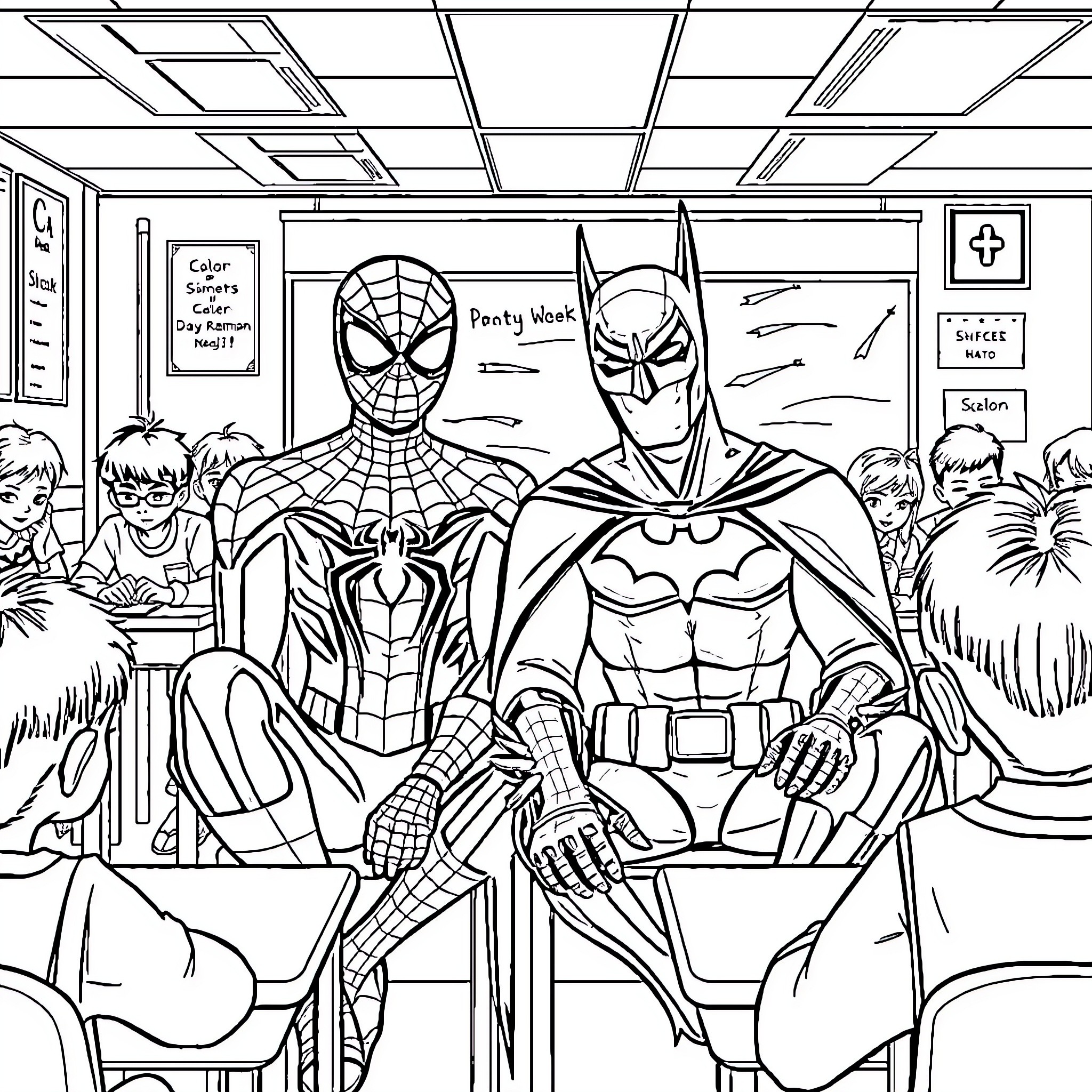 Spiderman and Batman in a school setting Coloring Page (free black-and-white line drawing printable PDF for all, from beginners to advanced learners, including children, teens, adults, and seniors)