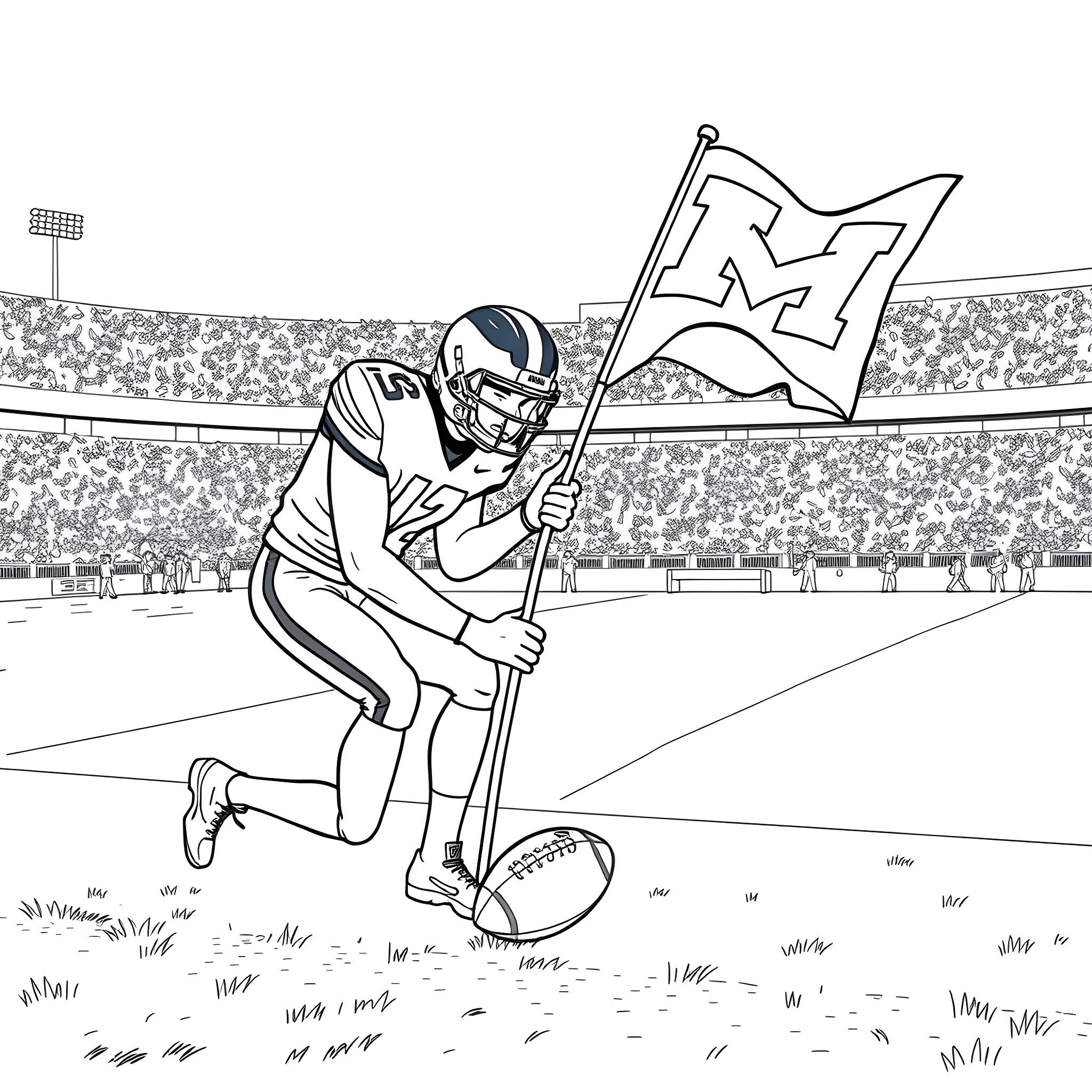 Wolverine Football Player Celebrating on the Field Coloring Page (free black-and-white line drawing printable PDF for all, from beginners to advanced learners, including children, teens, adults, and seniors)