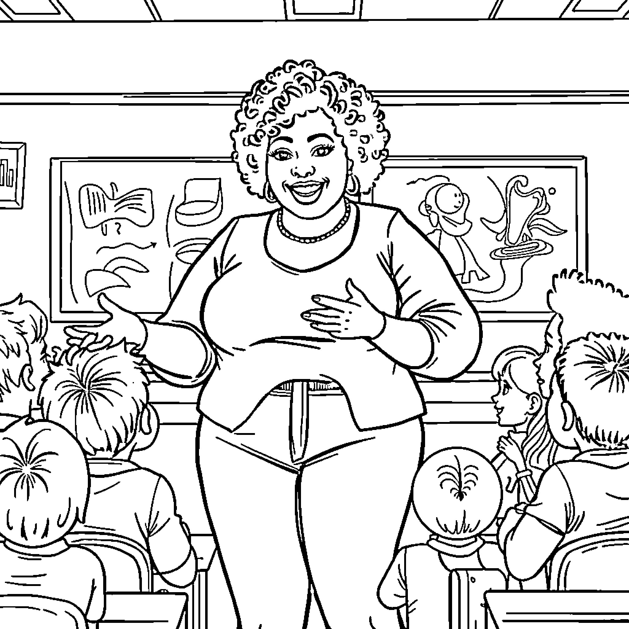 Woman smiling joyfully with students in the classroom Coloring Page (free black-and-white line drawing printable PDF for all, from beginners to advanced learners, including children, teens, adults, and seniors)