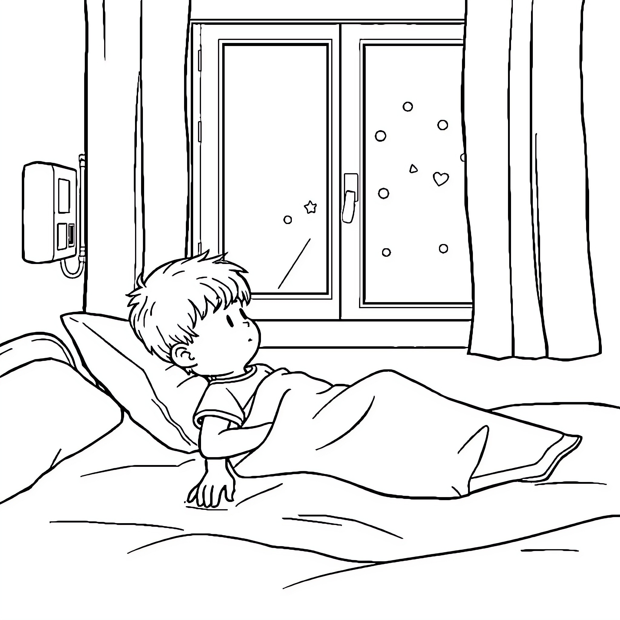 Child resting peacefully in their bedroom Coloring Page (free black-and-white line drawing printable PDF for all, from beginners to advanced learners, including children, teens, adults, and seniors)