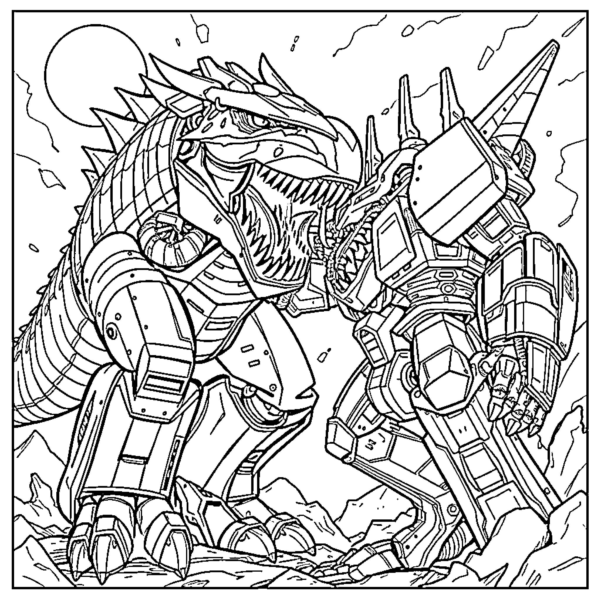 Grimlock unleashing fury in a mechanical battle Coloring Page (free black-and-white line drawing printable PDF for all, from beginners to advanced learners, including children, teens, adults, and seniors)