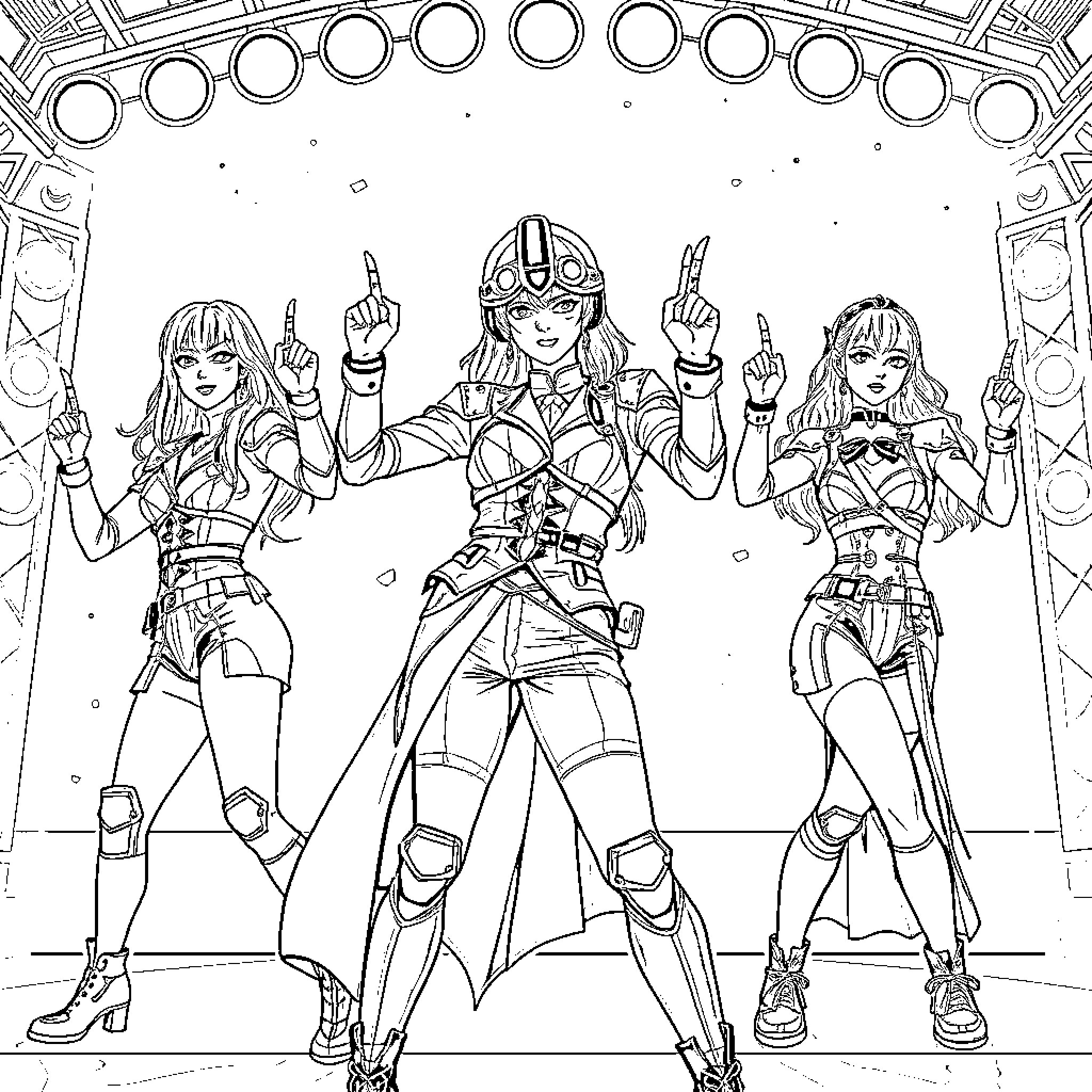 Kpop Warriors Performing on Stage Coloring Page (free black-and-white line drawing printable PDF for all, from beginners to advanced learners, including children, teens, adults, and seniors)