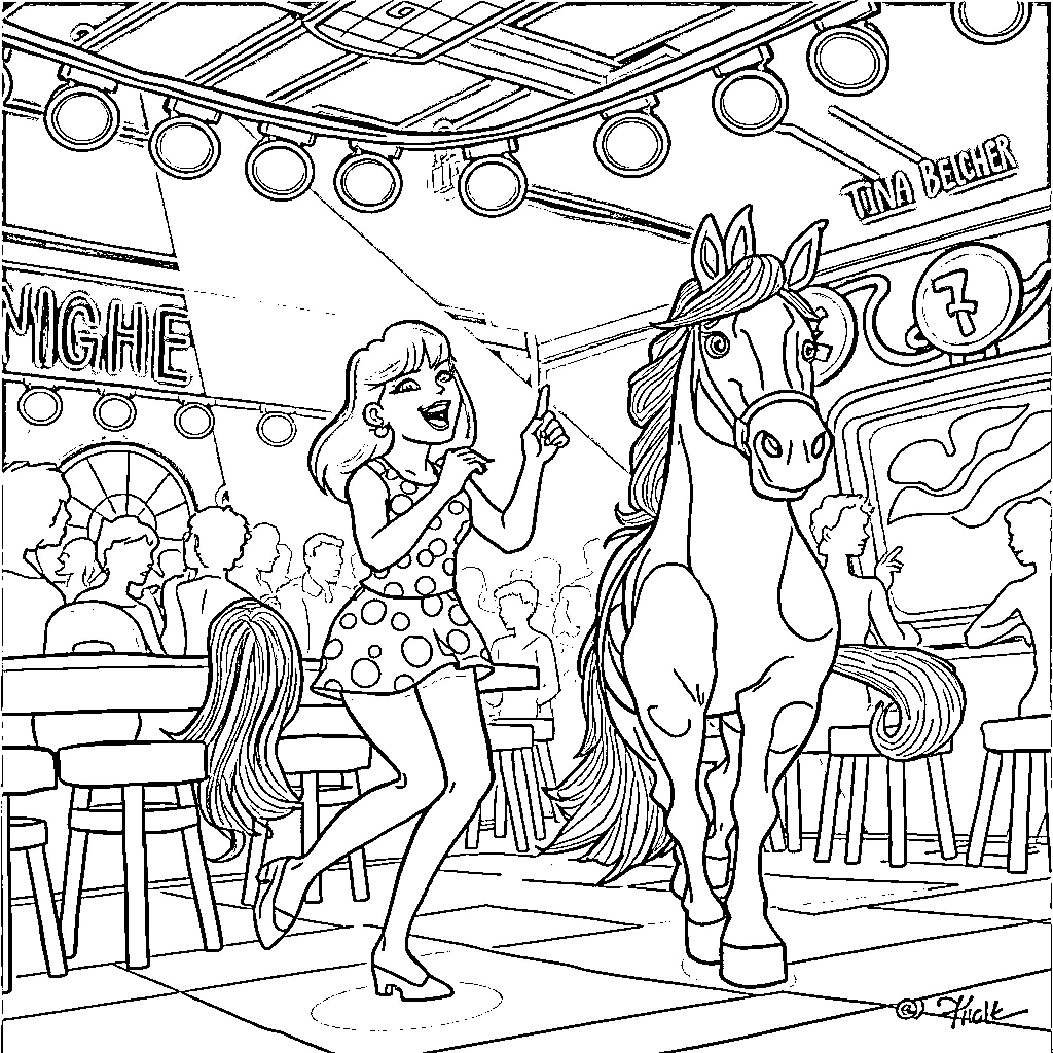 Tina's Lively Night at the Carnival Coloring Page (free black-and-white line drawing printable PDF for all, from beginners to advanced learners, including children, teens, adults, and seniors)