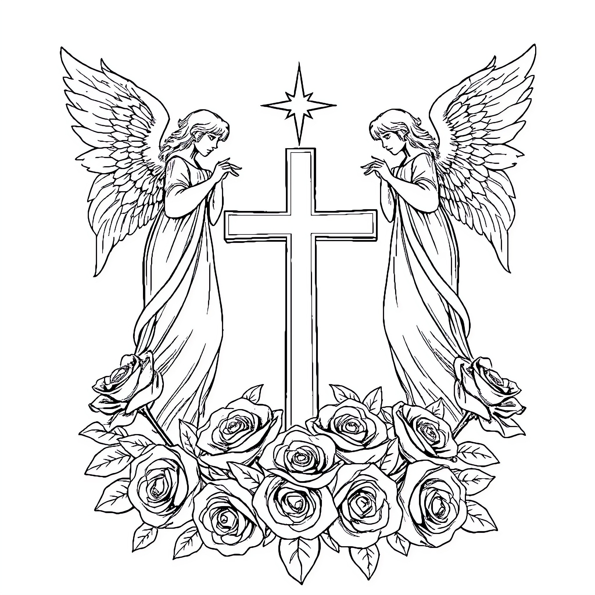 Angel Messengers Guarding the Holy Cross Coloring Page (free black-and-white line drawing printable PDF for all, from beginners to advanced learners, including children, teens, adults, and seniors)