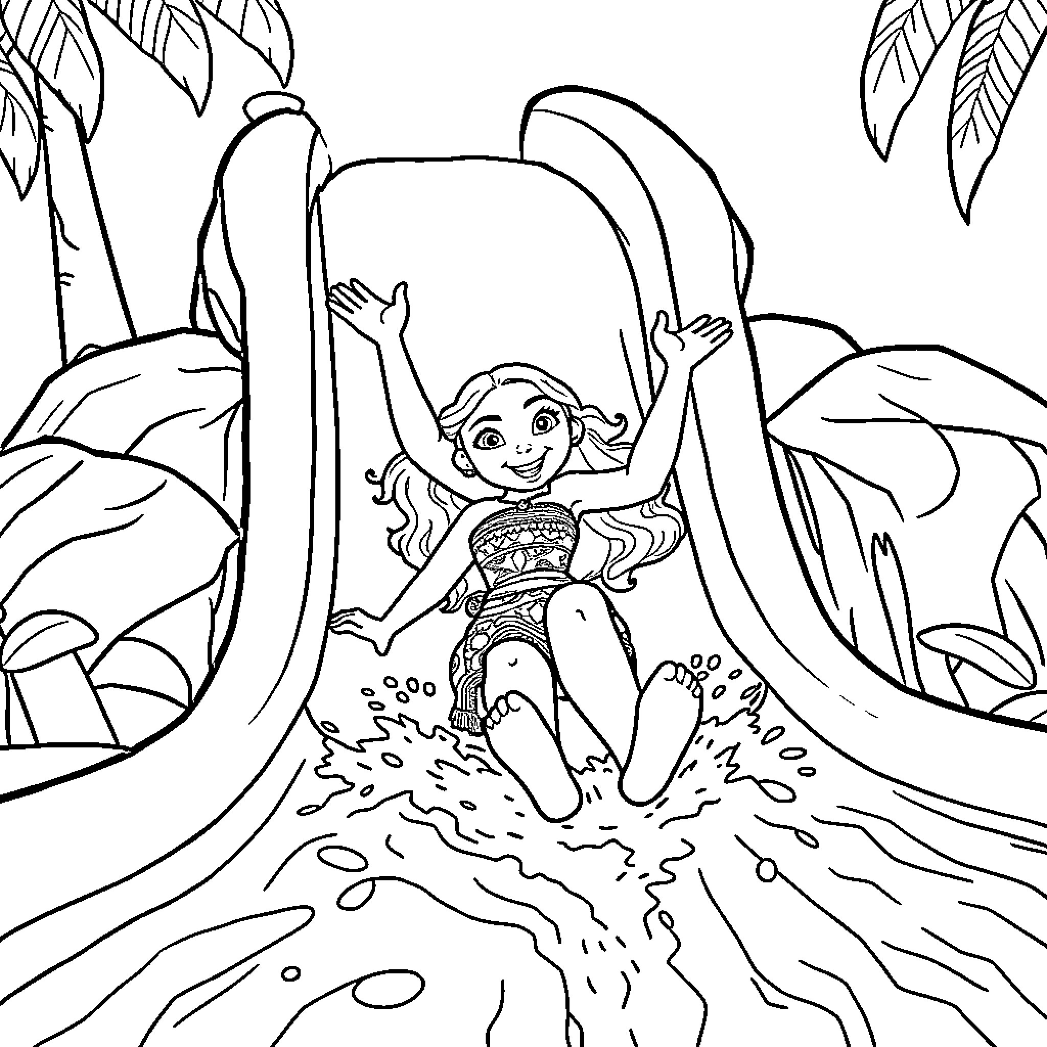 Moana enjoying a playful waterslide adventure Coloring Page (free black-and-white line drawing printable PDF for all, from beginners to advanced learners, including children, teens, adults, and seniors)