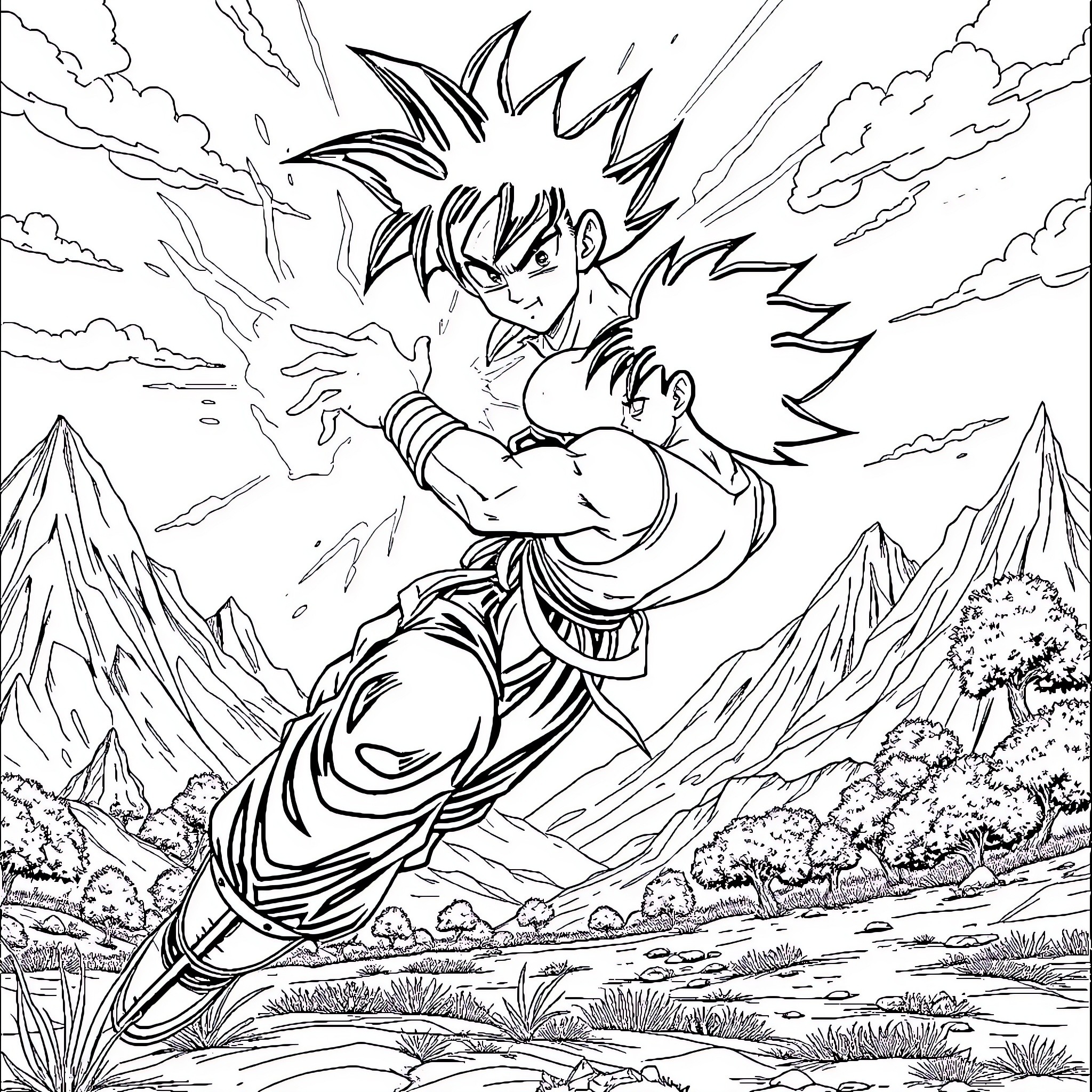Gohan's Powerful Transformation in Scenic Landscape Coloring Page (free black-and-white line drawing printable PDF for all, from beginners to advanced learners, including children, teens, adults, and seniors)
