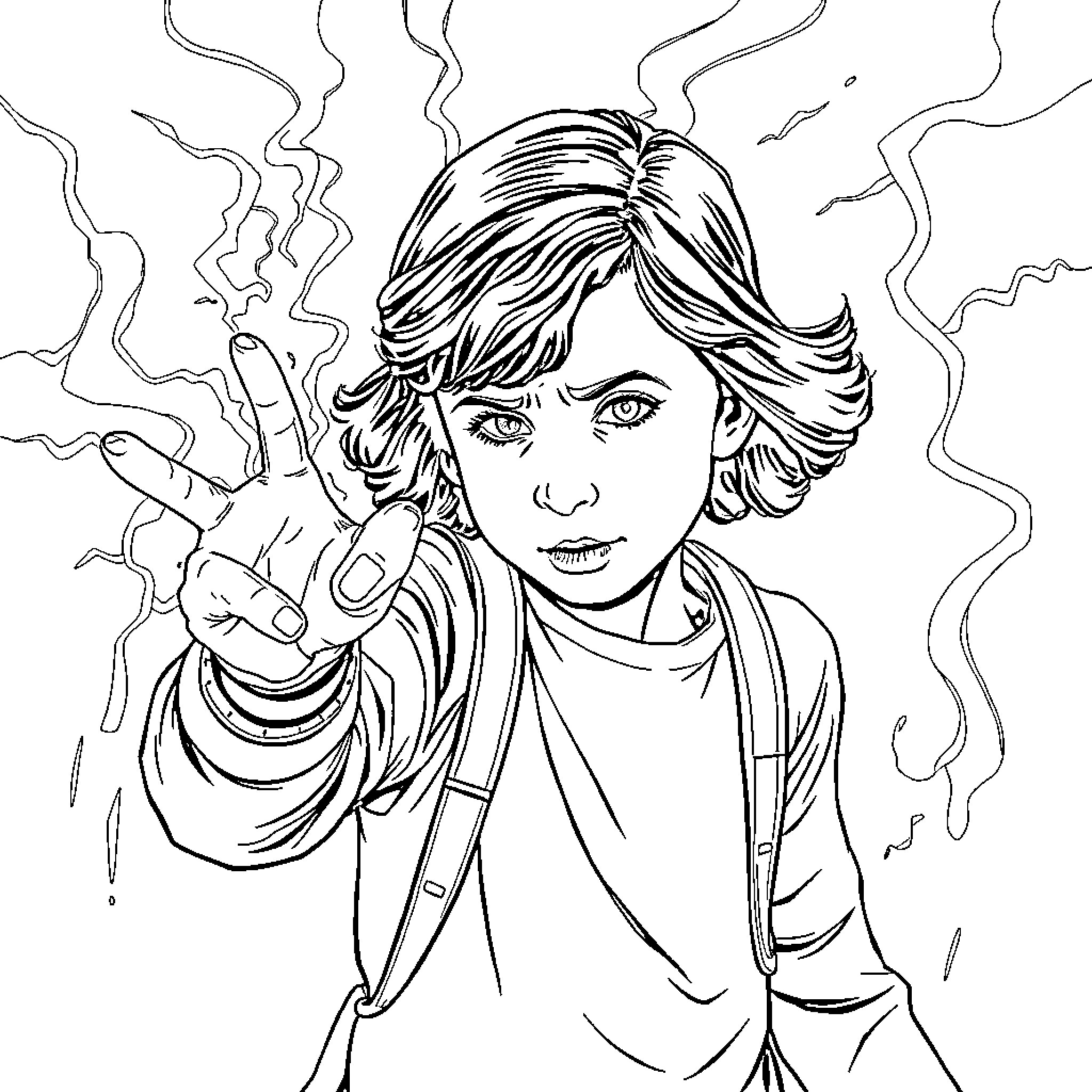 Eleven wielding supernatural powers Coloring Page (free black-and-white line drawing printable PDF for all, from beginners to advanced learners, including children, teens, adults, and seniors)