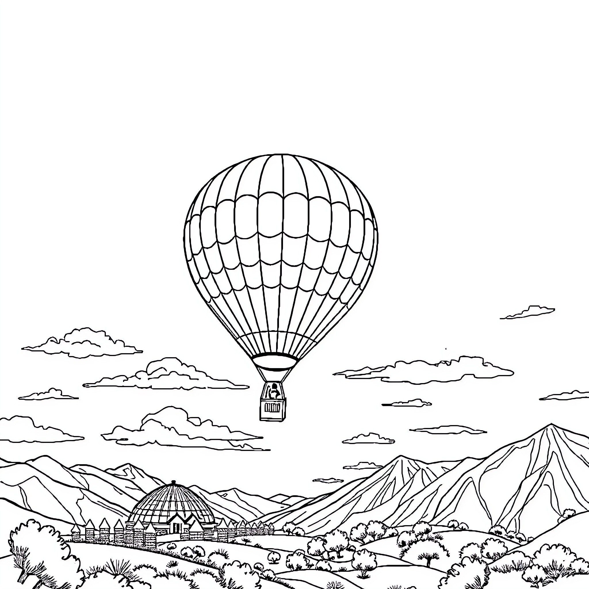 Hot Air Balloon Soaring Over Scenic Mountain Landscape Coloring Page (free black-and-white line drawing printable PDF for all, from beginners to advanced learners, including children, teens, adults, and seniors)