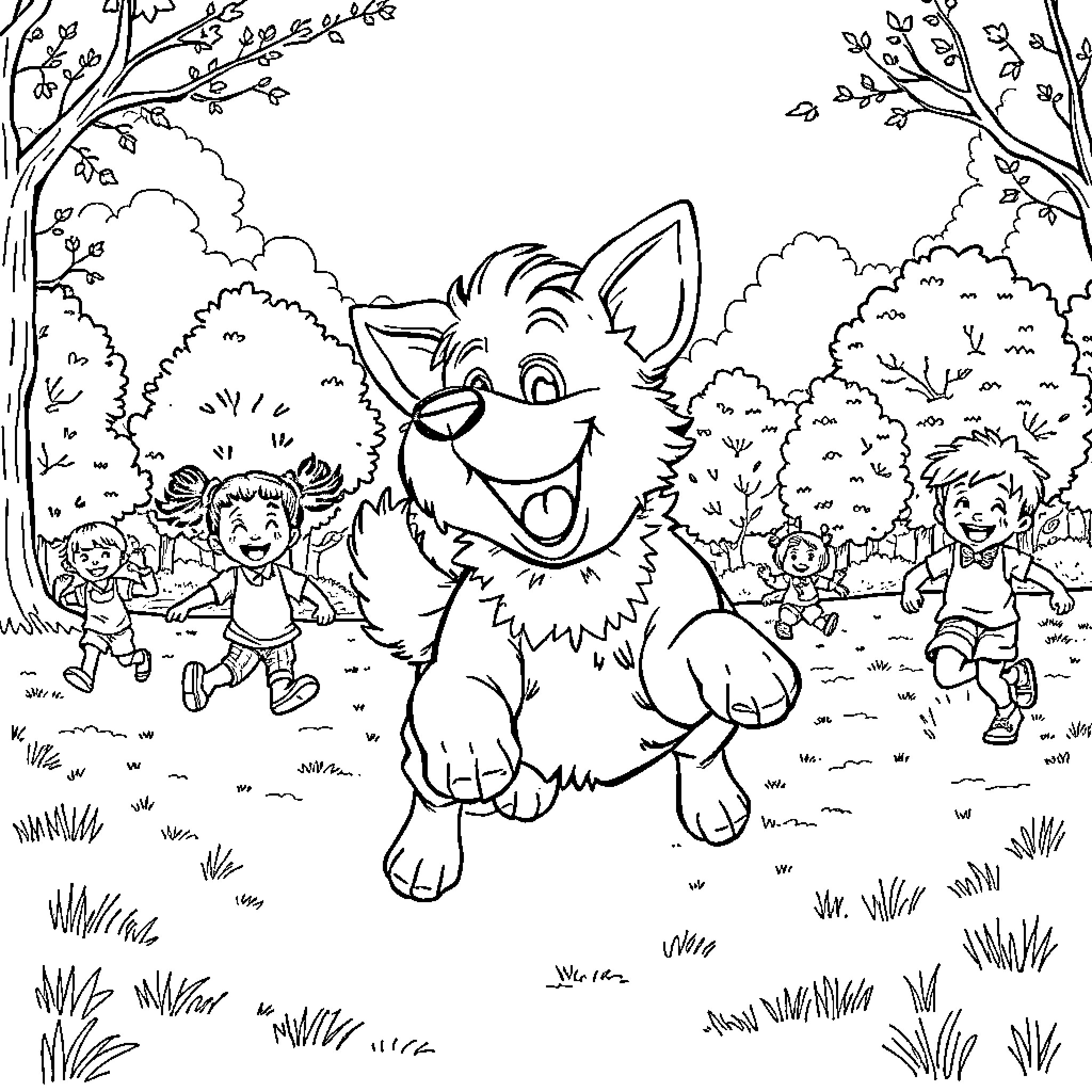 Dog playing happily with children in the forest Coloring Page (free black-and-white line drawing printable PDF for all, from beginners to advanced learners, including children, teens, adults, and seniors)