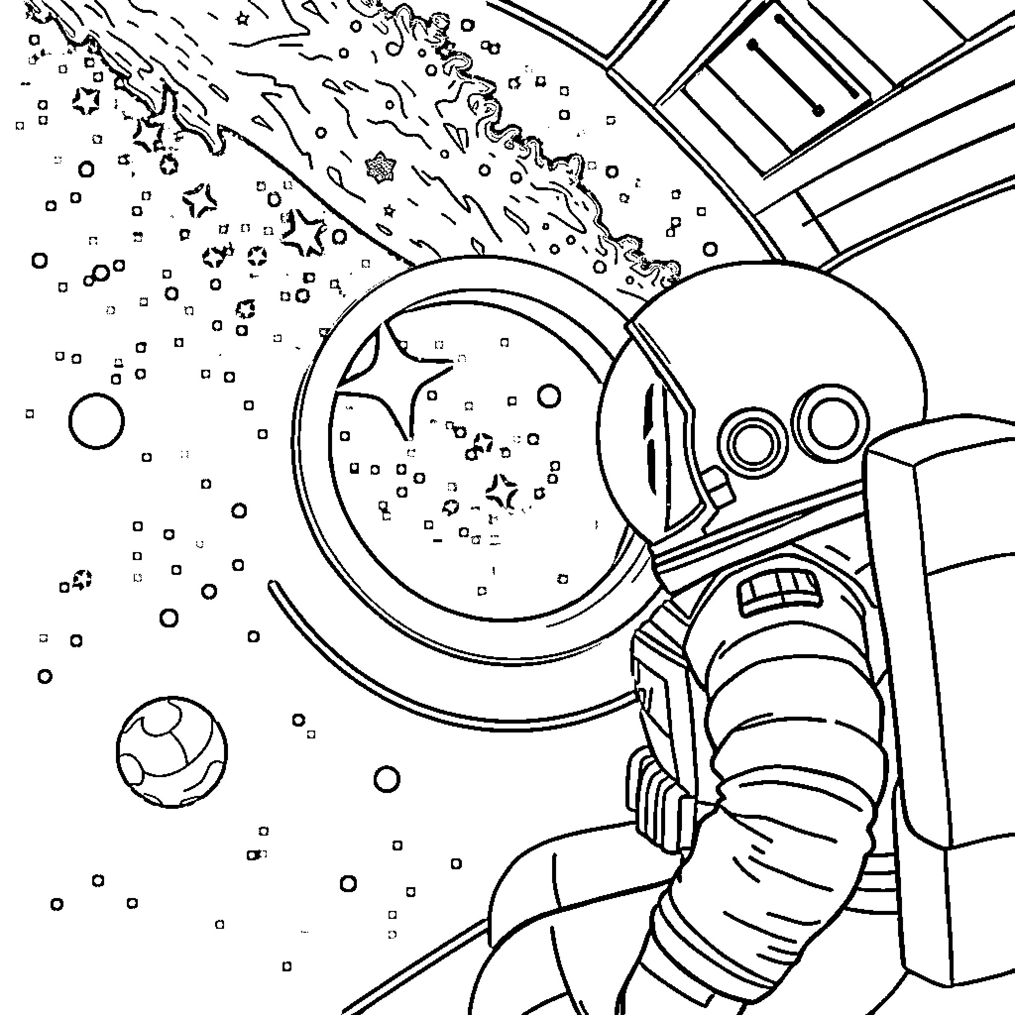 Spaceship floating in cosmic void with astronaut Coloring Page (free black-and-white line drawing printable PDF for all, from beginners to advanced learners, including children, teens, adults, and seniors)
