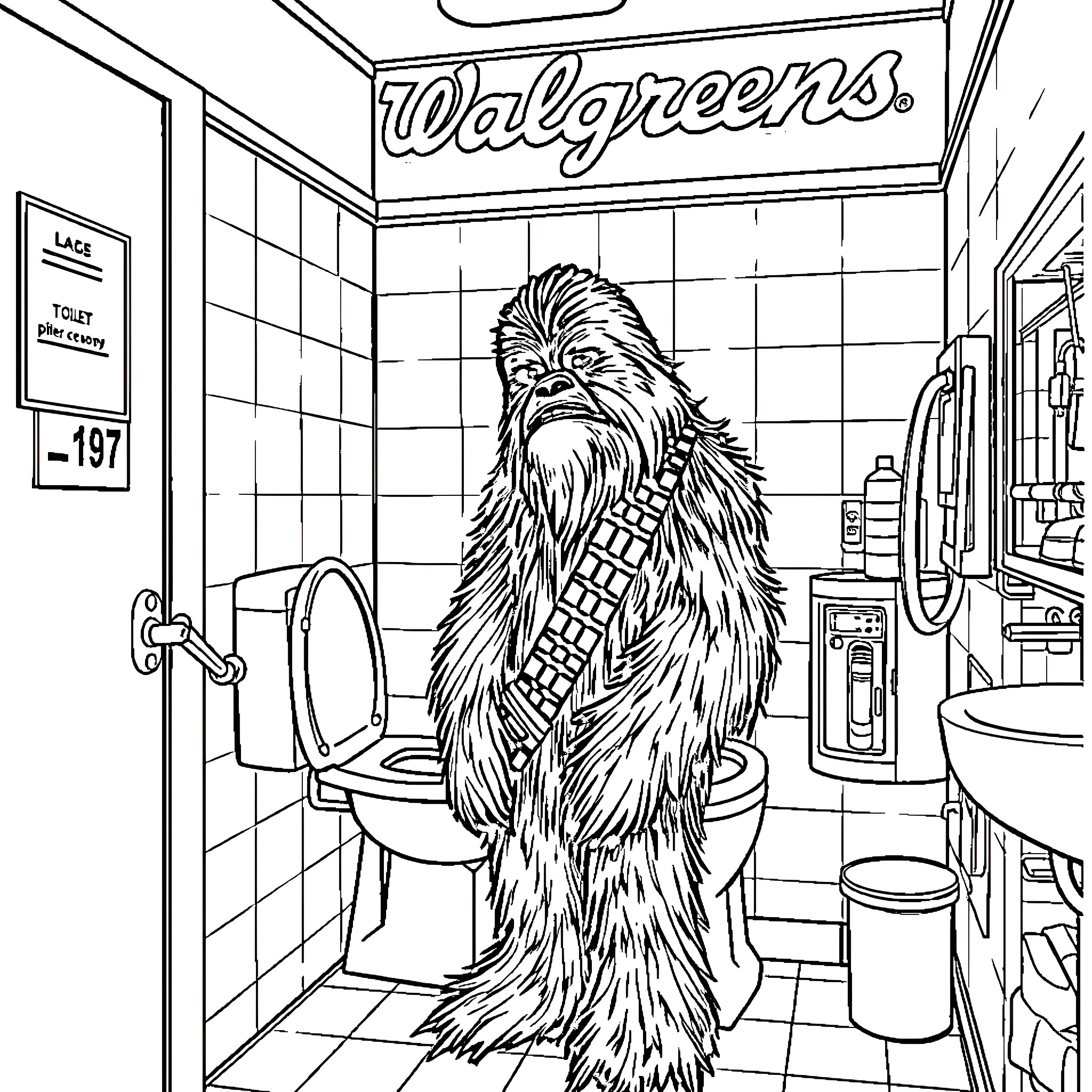 Chewbacca takes a restroom break at Walgreens Coloring Page (free black-and-white line drawing printable PDF for all, from beginners to advanced learners, including children, teens, adults, and seniors)