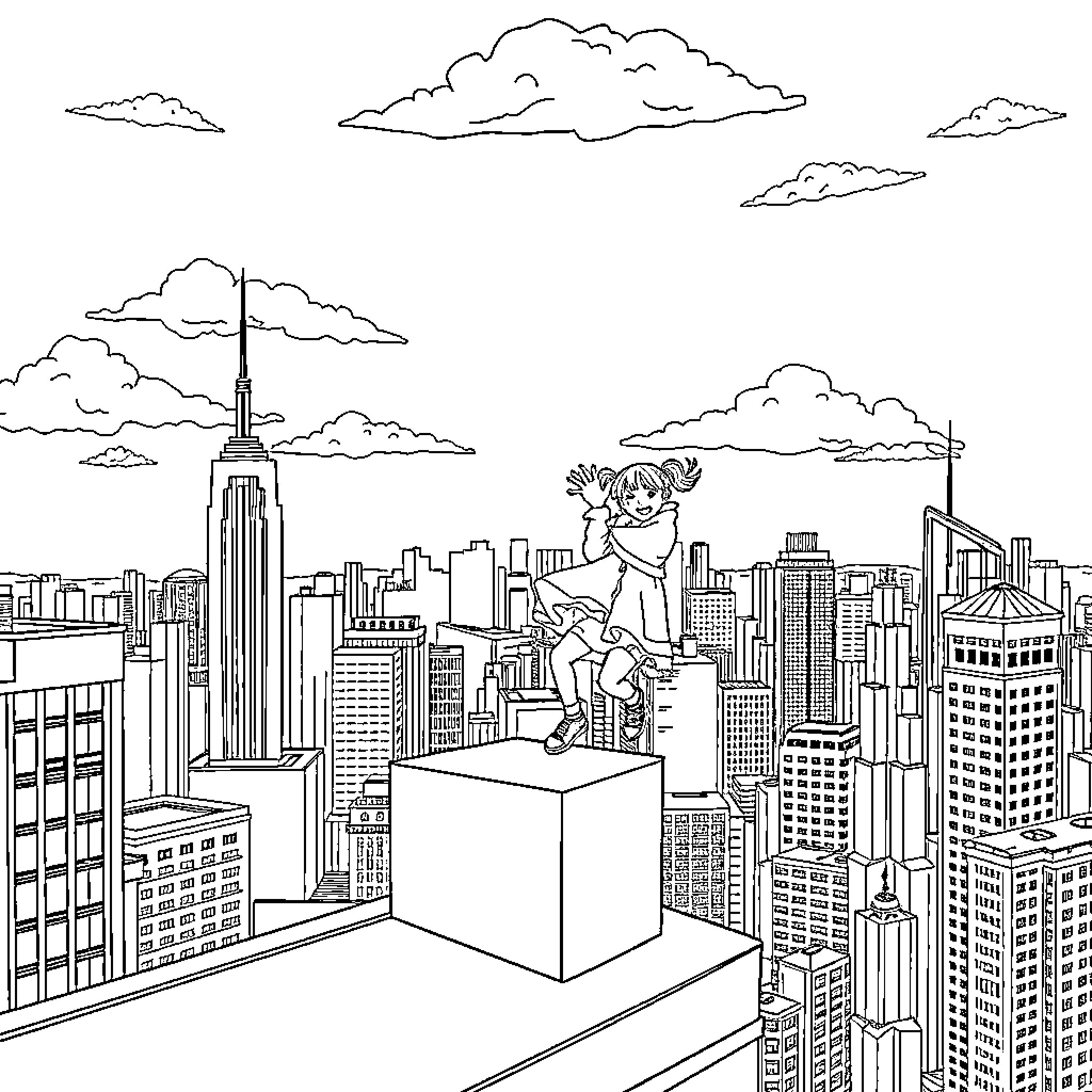 Girl jumping across skyscrapers in the city Coloring Page (free black-and-white line drawing printable PDF for all, from beginners to advanced learners, including children, teens, adults, and seniors)