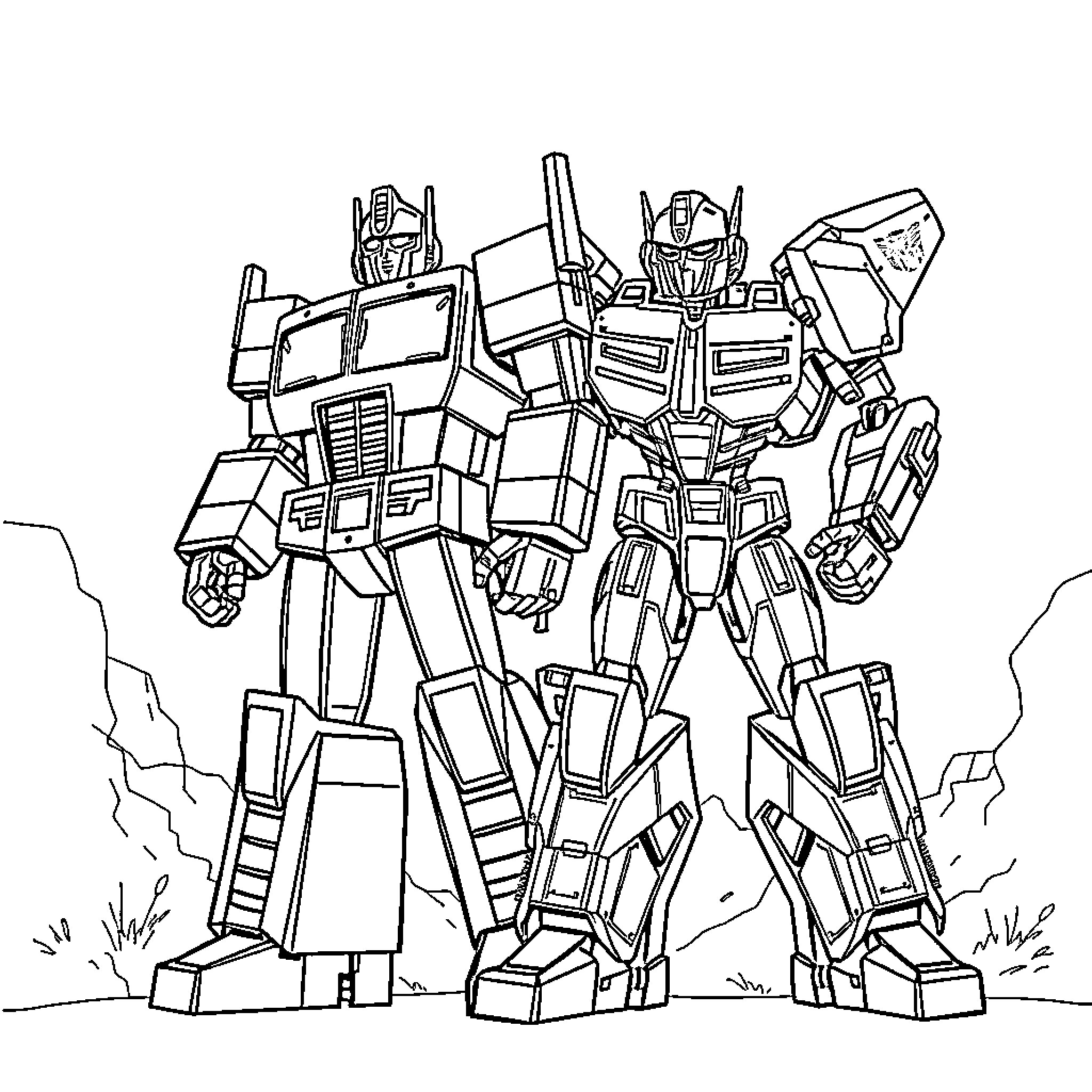 Optimus Prime leading a robot army Coloring Page (free black-and-white line drawing printable PDF for all, from beginners to advanced learners, including children, teens, adults, and seniors)