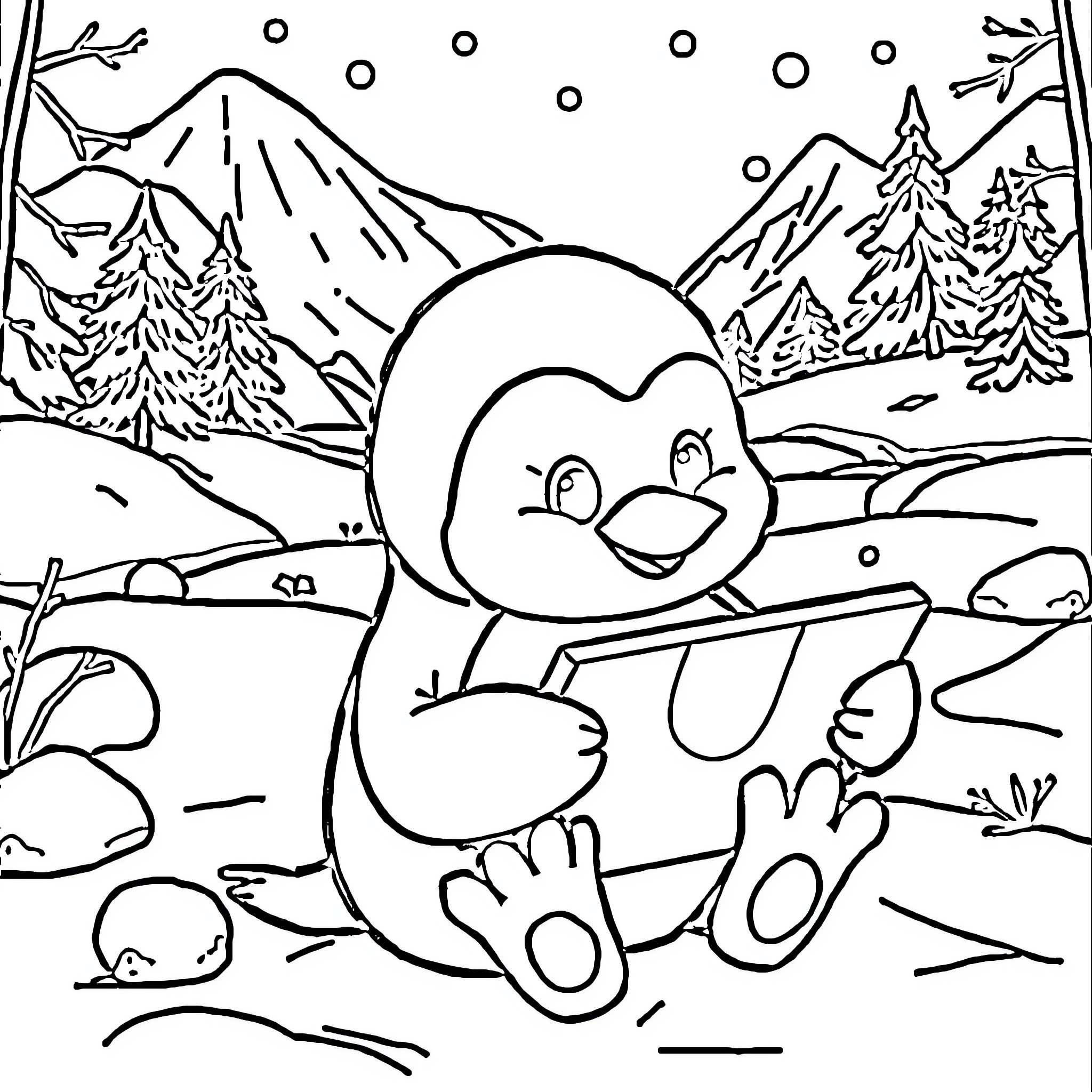 Penguin playing in the snowy winter landscape Coloring Page (free black-and-white line drawing printable PDF for all, from beginners to advanced learners, including children, teens, adults, and seniors)
