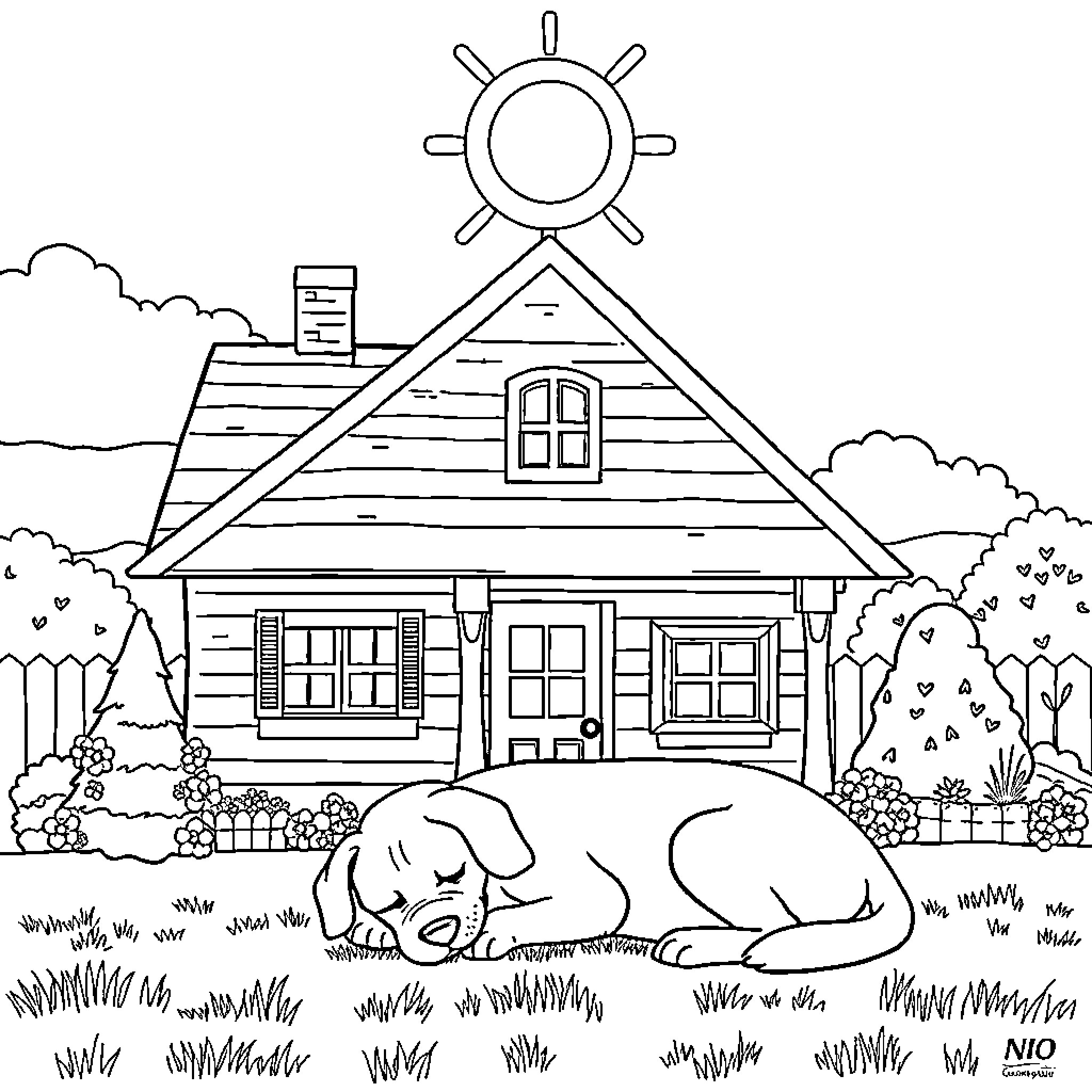Dog napping in the peaceful countryside Coloring Page (free black-and-white line drawing printable PDF for all, from beginners to advanced learners, including children, teens, adults, and seniors)