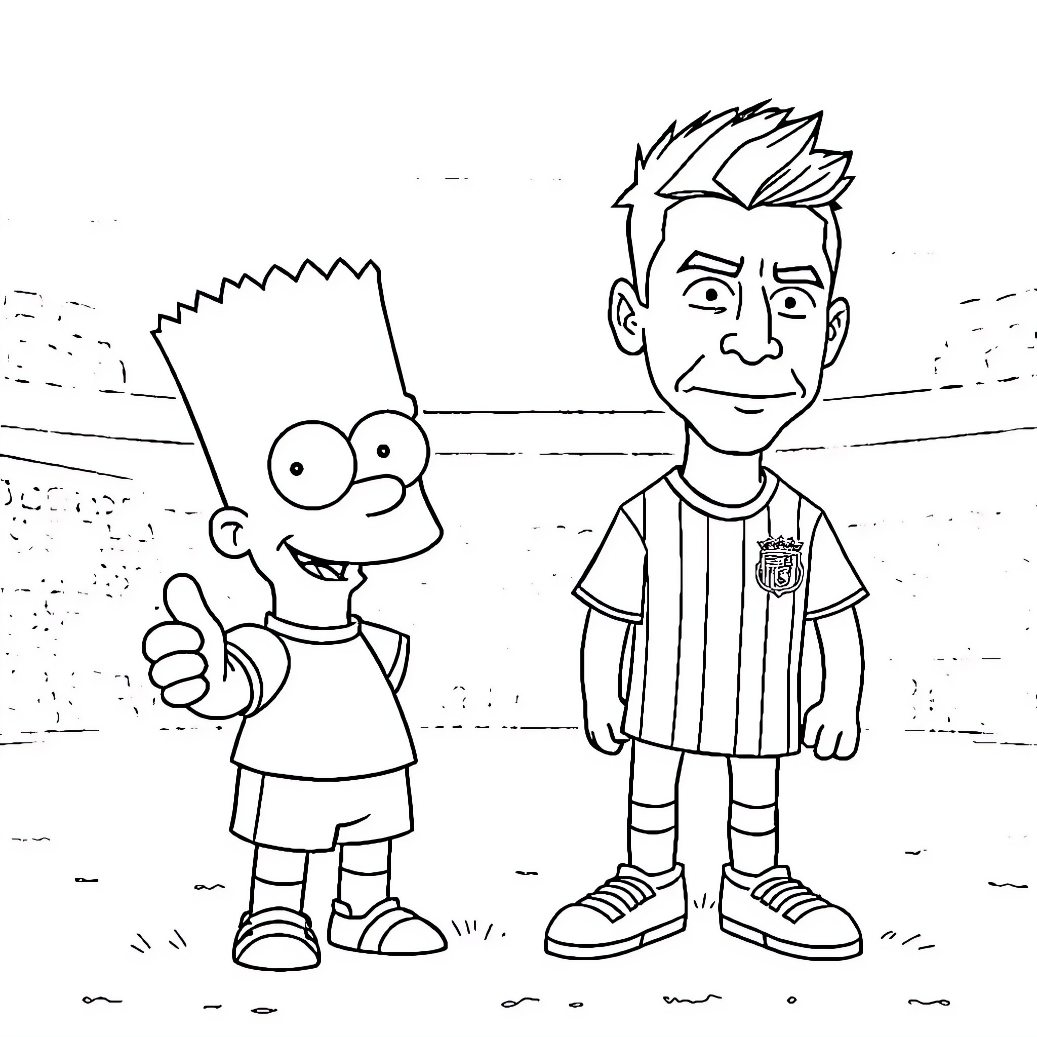Bart Simpson and friend playing soccer on field Coloring Page (free black-and-white line drawing printable PDF for all, from beginners to advanced learners, including children, teens, adults, and seniors)