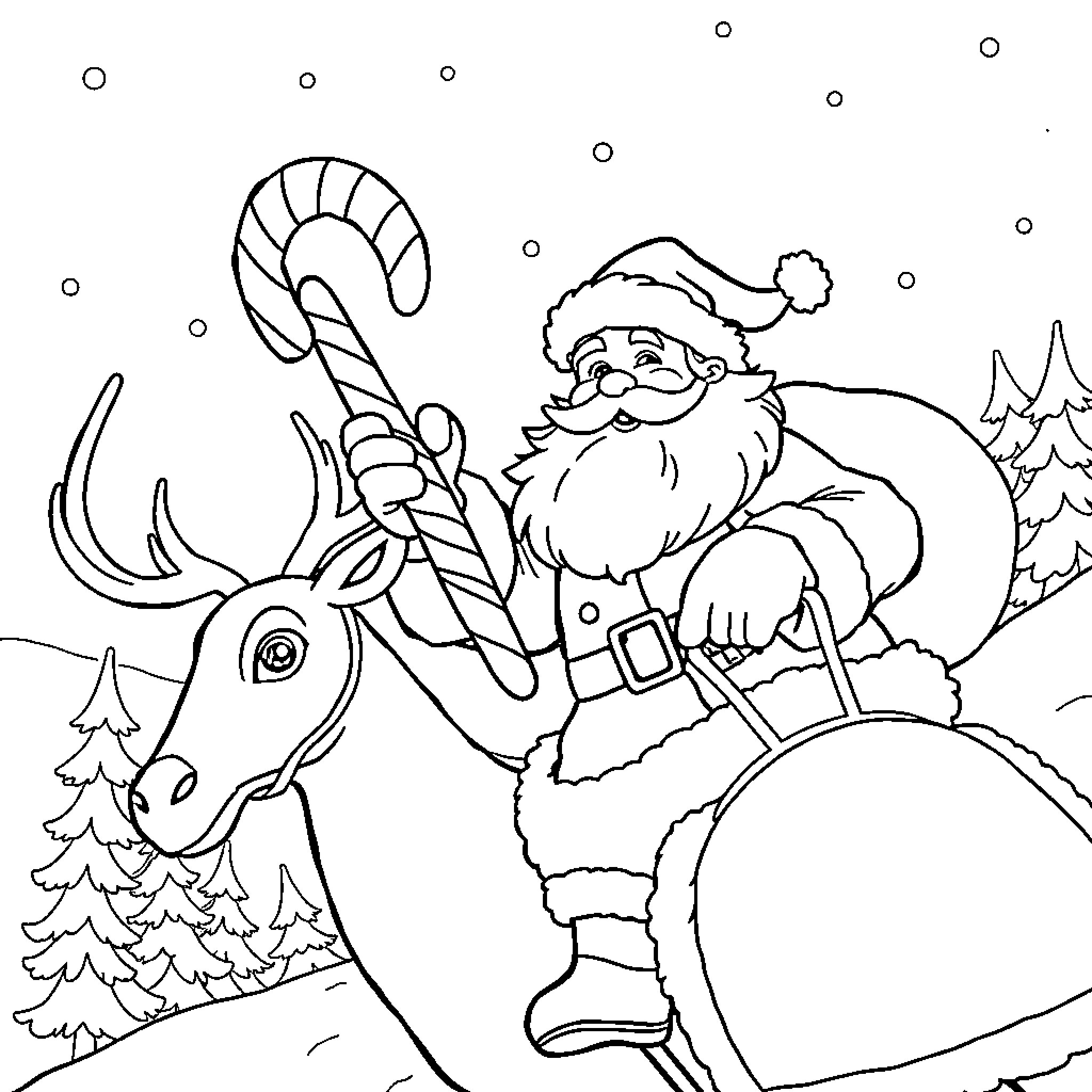 Santa's Merry Journey with Reindeer in the Snowy Landscape Coloring Page (free black-and-white line drawing printable PDF for all, from beginners to advanced learners, including children, teens, adults, and seniors)
