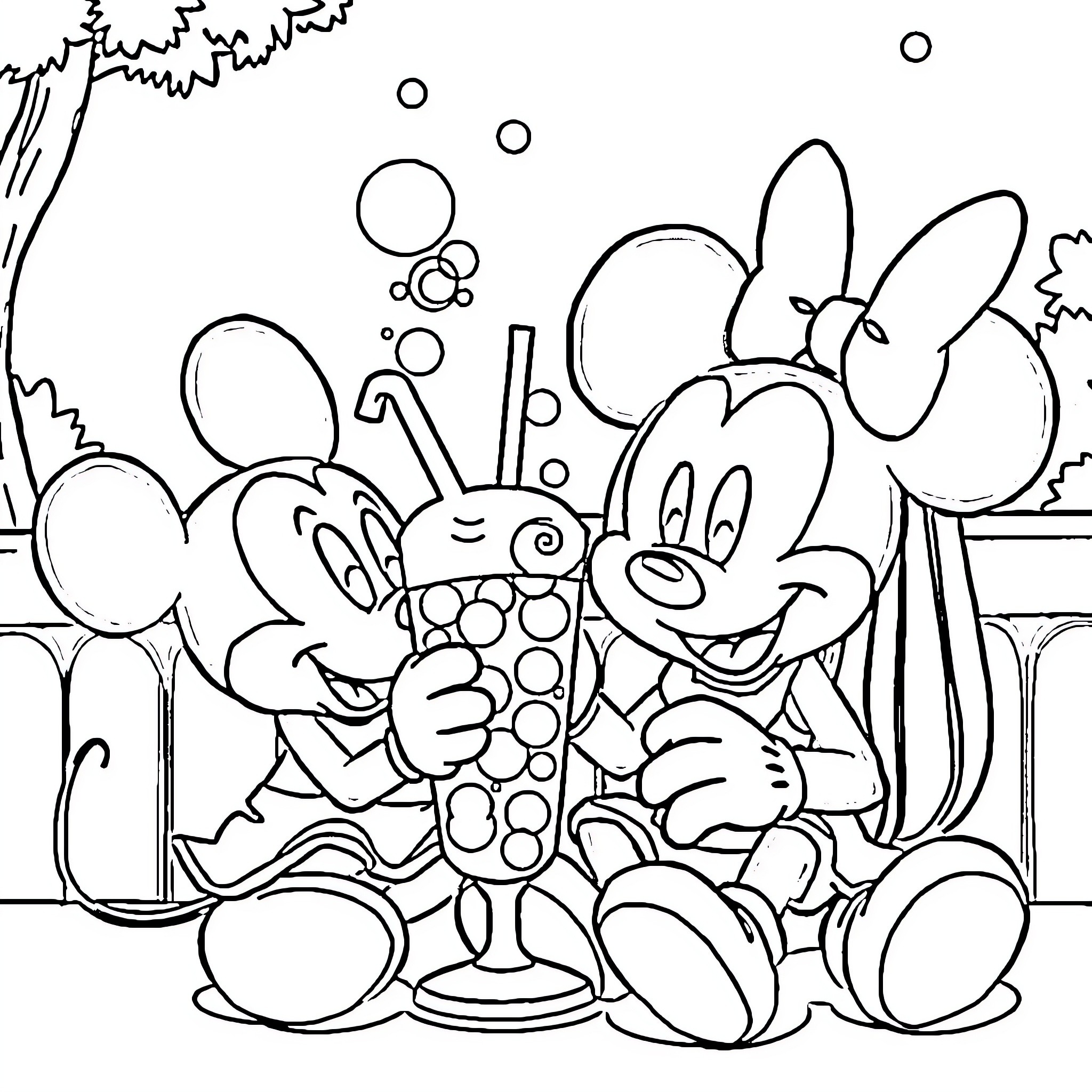 Mickey Mouse and Minnie Mouse having a picnic Coloring Page (free black-and-white line drawing printable PDF for all, from beginners to advanced learners, including children, teens, adults, and seniors)
