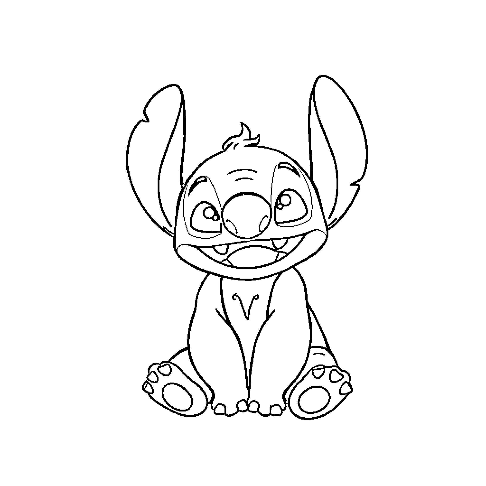 Stitch sitting happily with big ears Coloring Page (free black-and-white line drawing printable PDF for all, from beginners to advanced learners, including children, teens, adults, and seniors)