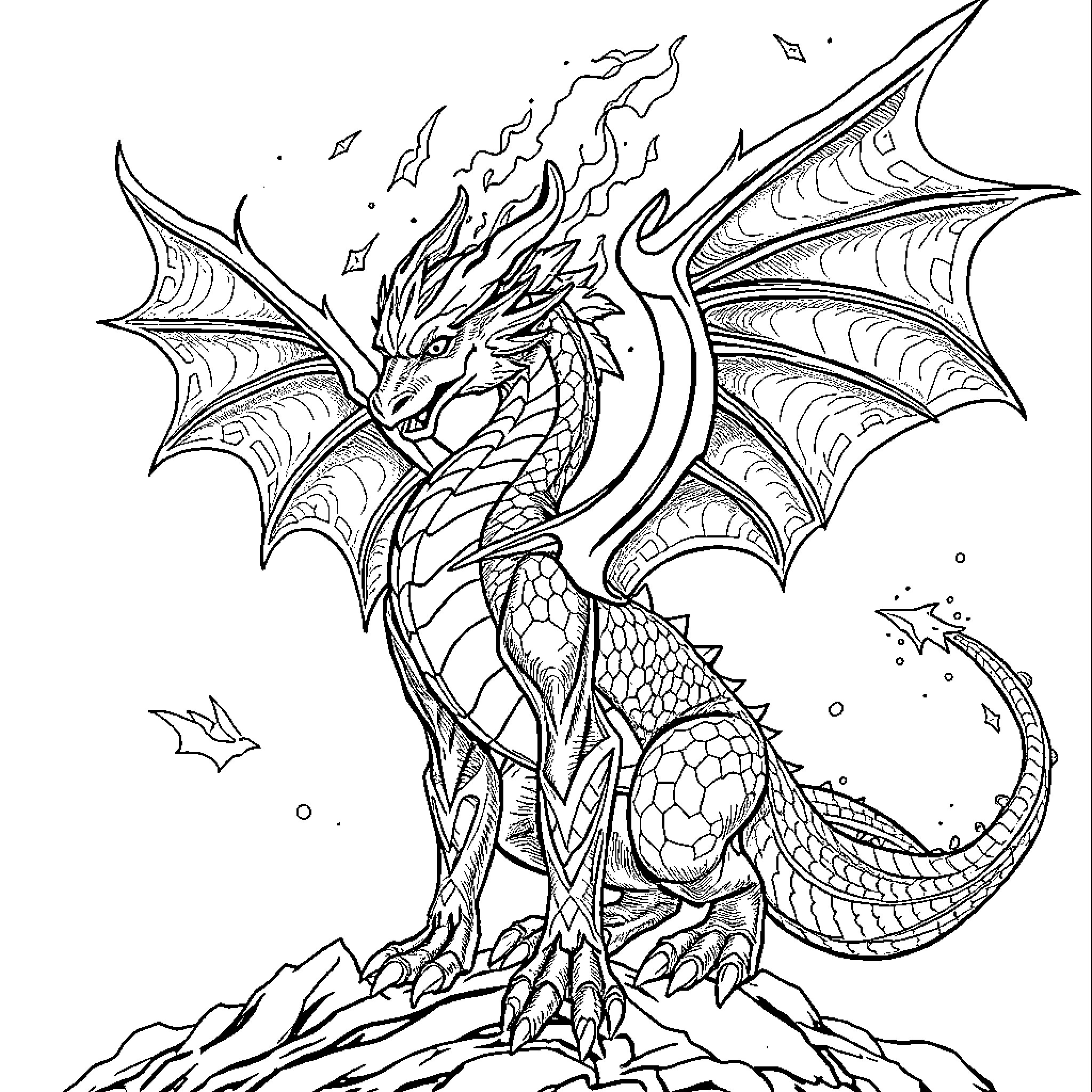 Dragon Breathing Fiery Flames in Dramatic Pose Coloring Page (free black-and-white line drawing printable PDF for all, from beginners to advanced learners, including children, teens, adults, and seniors)