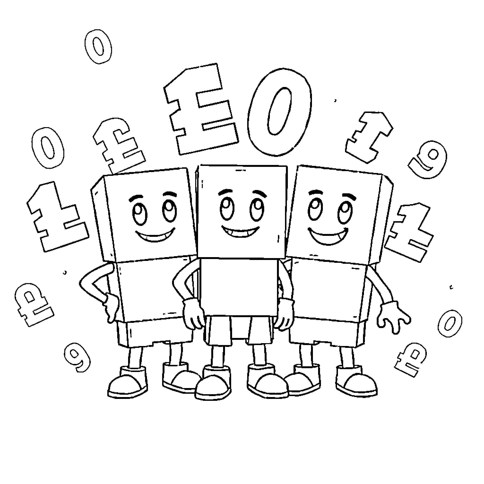 Numberblocks characters in a group pose Coloring Page (free black-and-white line drawing printable PDF for all, from beginners to advanced learners, including children, teens, adults, and seniors)