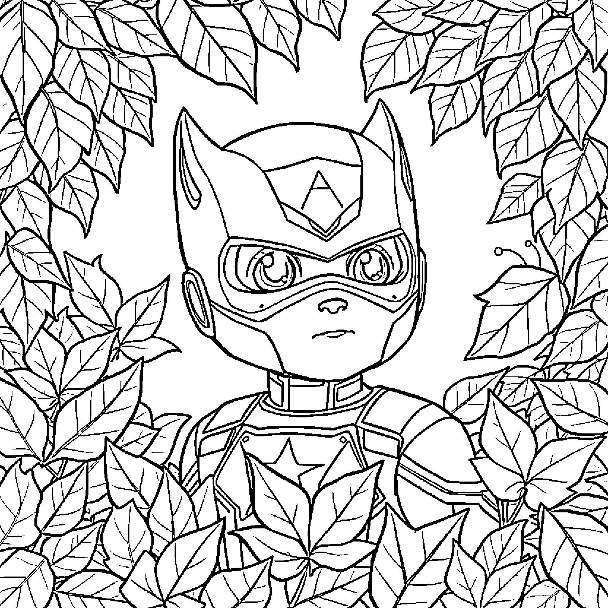 Avengers hero in heroic pose surrounded by leaves Coloring Page (free black-and-white line drawing printable PDF for all, from beginners to advanced learners, including children, teens, adults, and seniors)